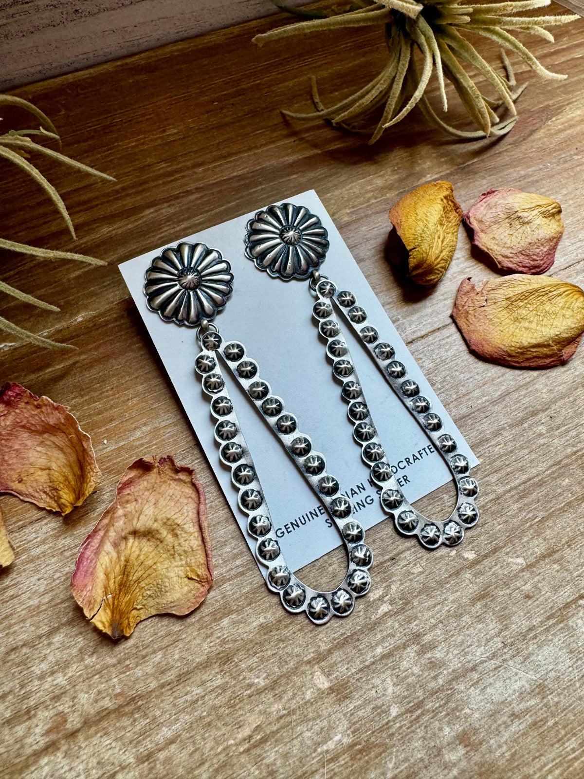 Eugene Charley Navajo Concho & Teardrop Dangle Earrings – Sterling Silver — product photo.