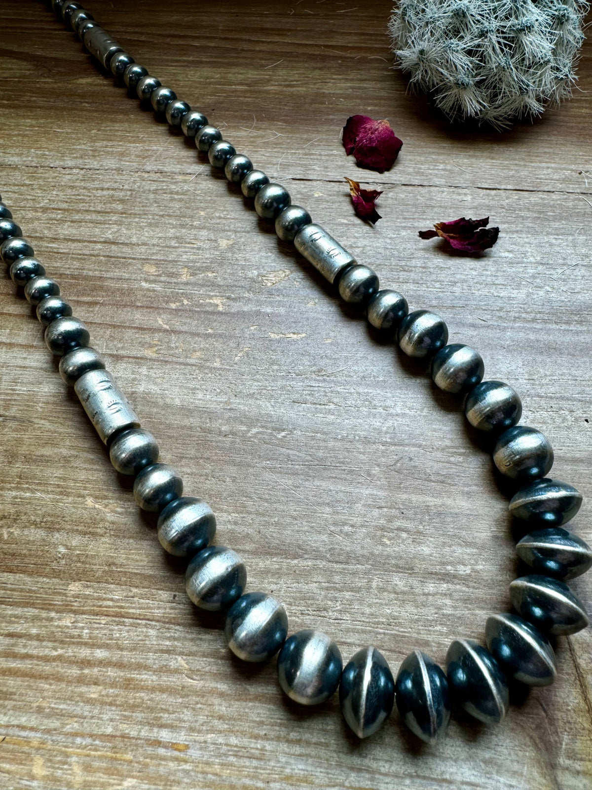 Sterling silver pearls - 30 inch with barrel beads — product photo.