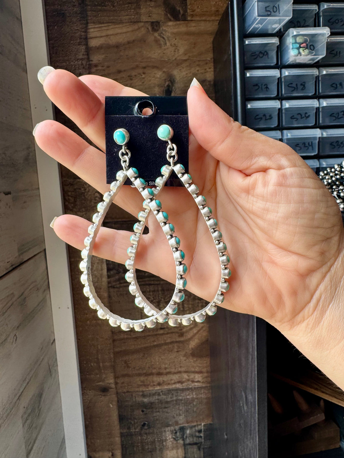Kingman Turquoise Teardrop Dangle Earrings – Sterling Silver — product photo.