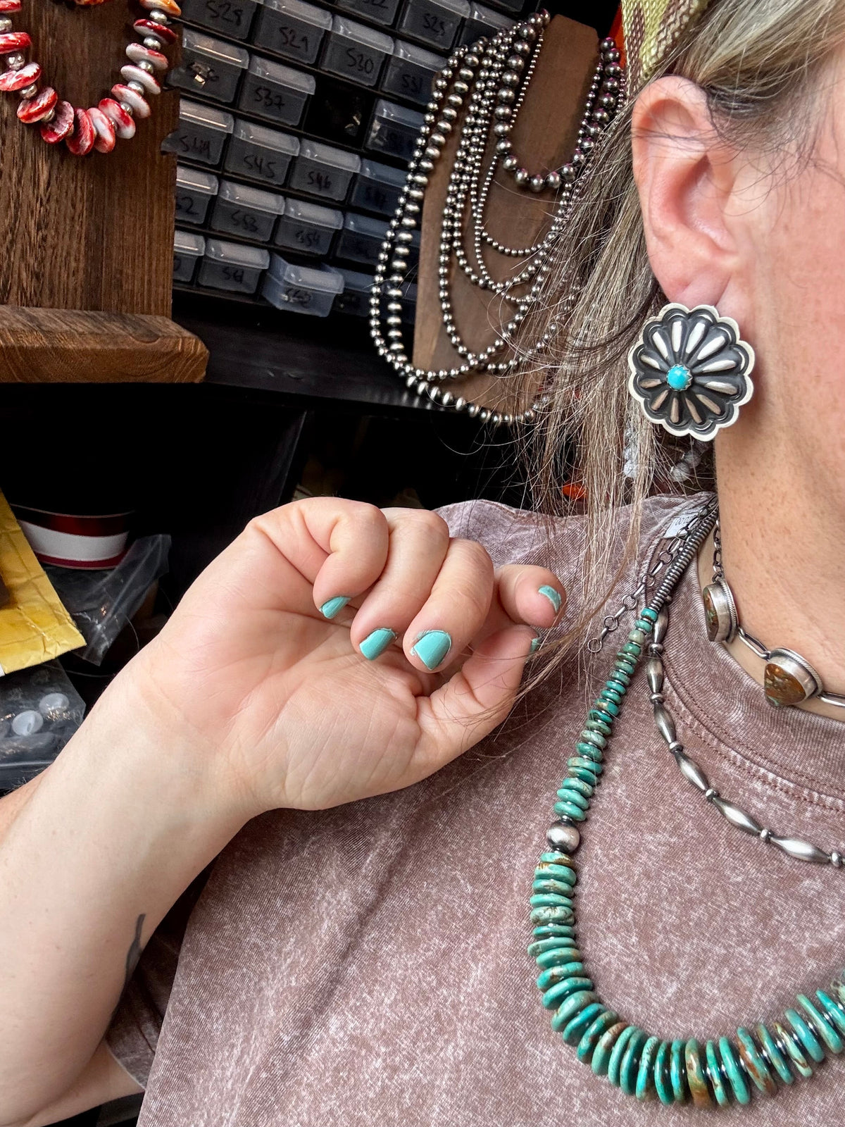 Large Concho Stud Earrings – Turquoise & Sterling Silver — product photo.