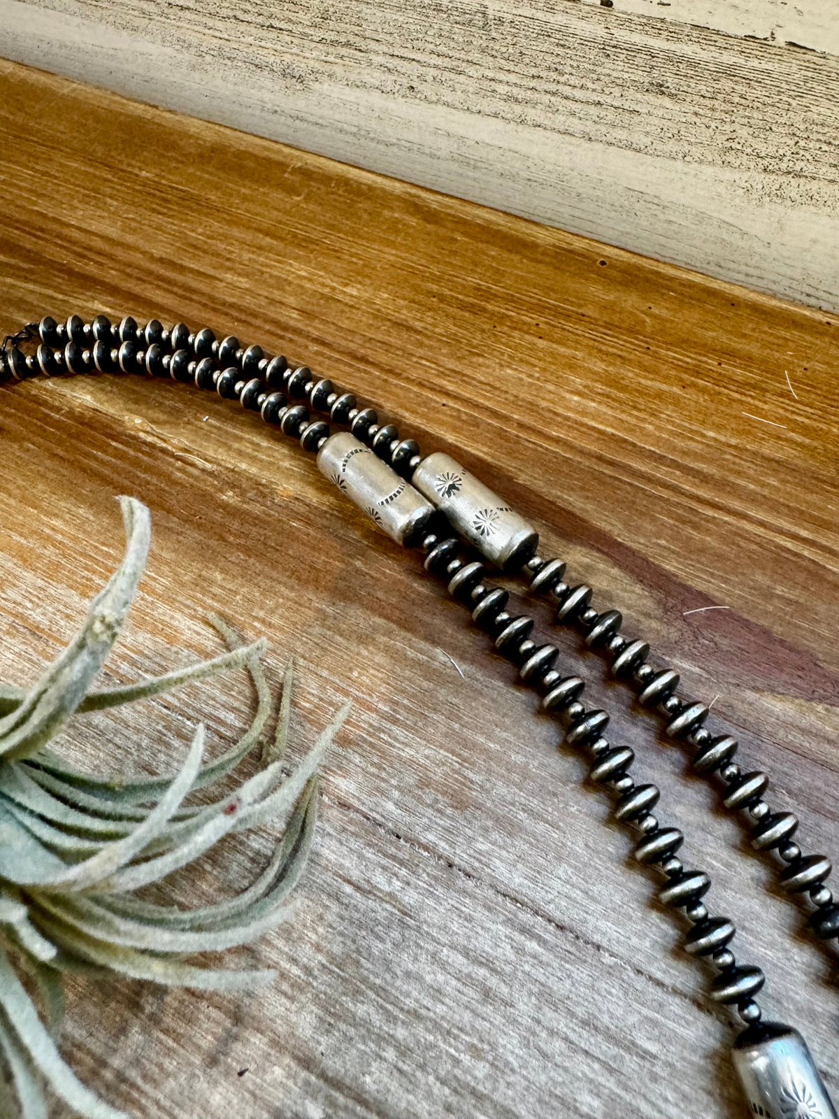 Sterling silver pearls - 28 inch - with barrel beads — product photo.