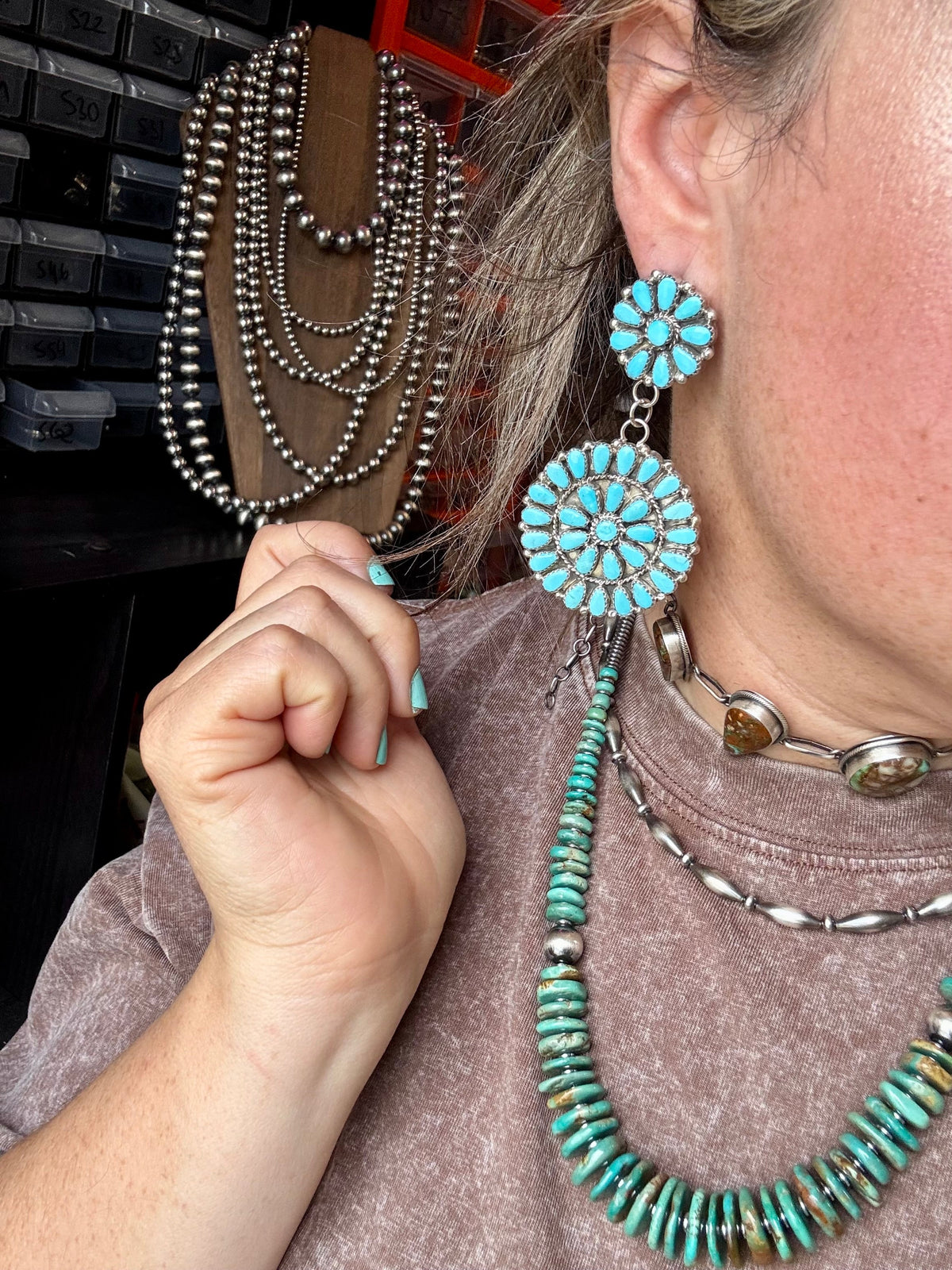 Big Cluster Dangle Earrings – Sleeping Beauty Turquoise & Sterling Silver — product photo.