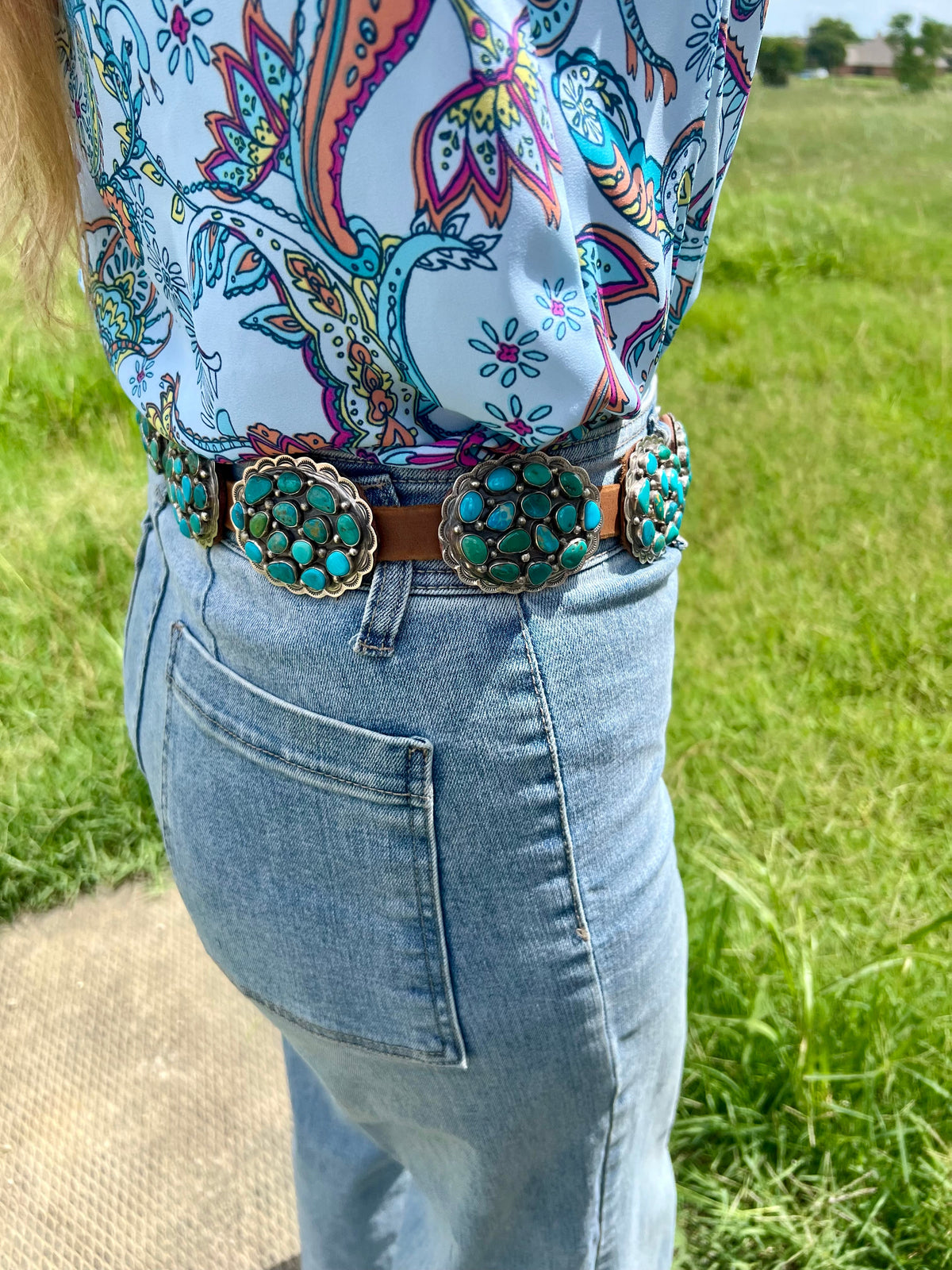 Turquoise Concho Belt – Sterling Silver – Native Made DM – One of a Kind — product photo.