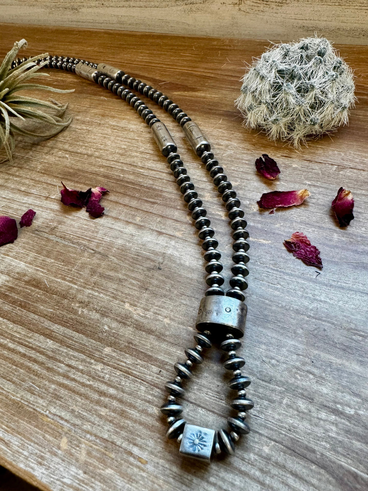 Sterling silver pearls - 28 inch - with barrel beads — product photo.