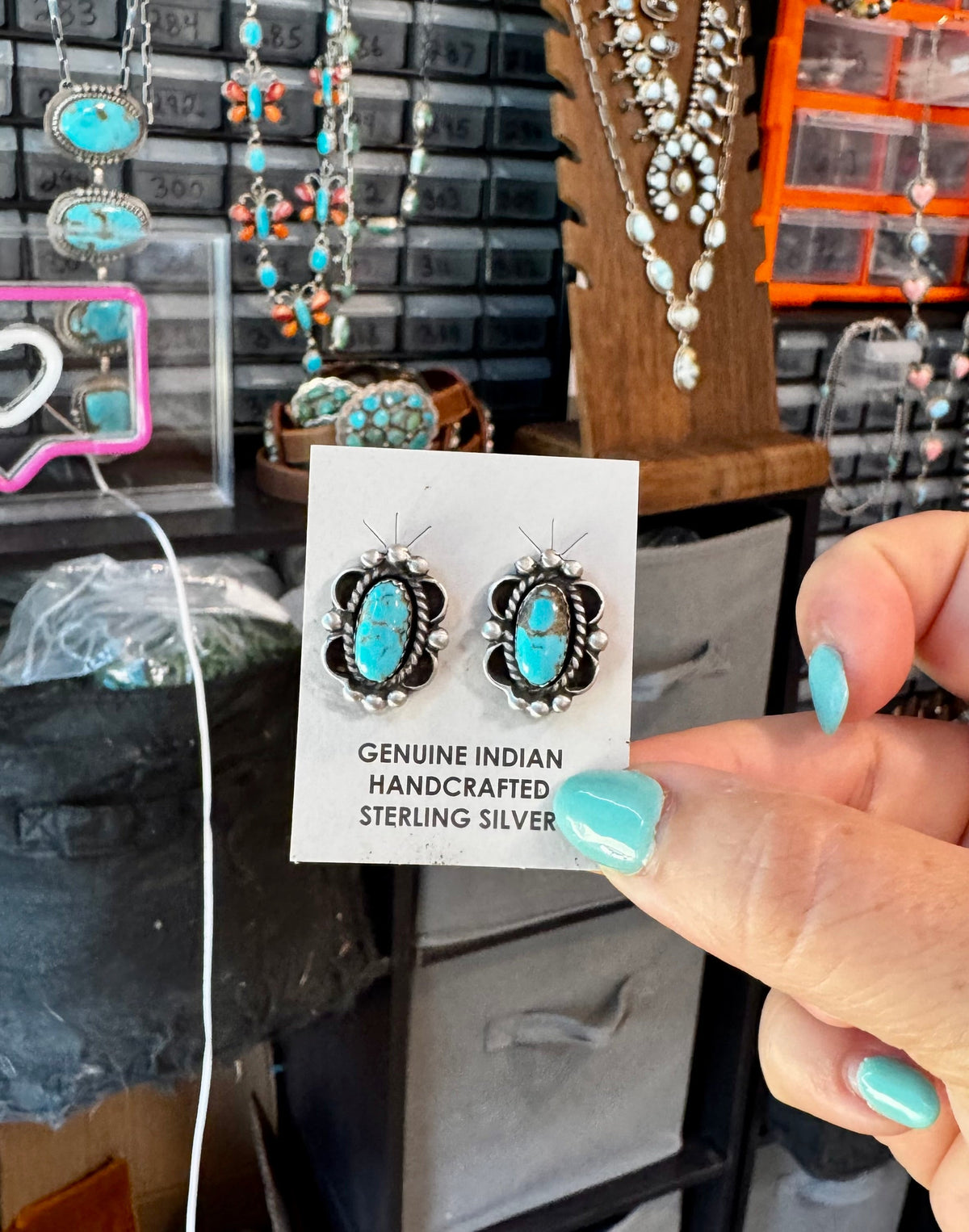 Kingman Turquoise & Silver Pearl Stud Earrings – Sterling Silver – Native Made by L. Silversmith — product photo.