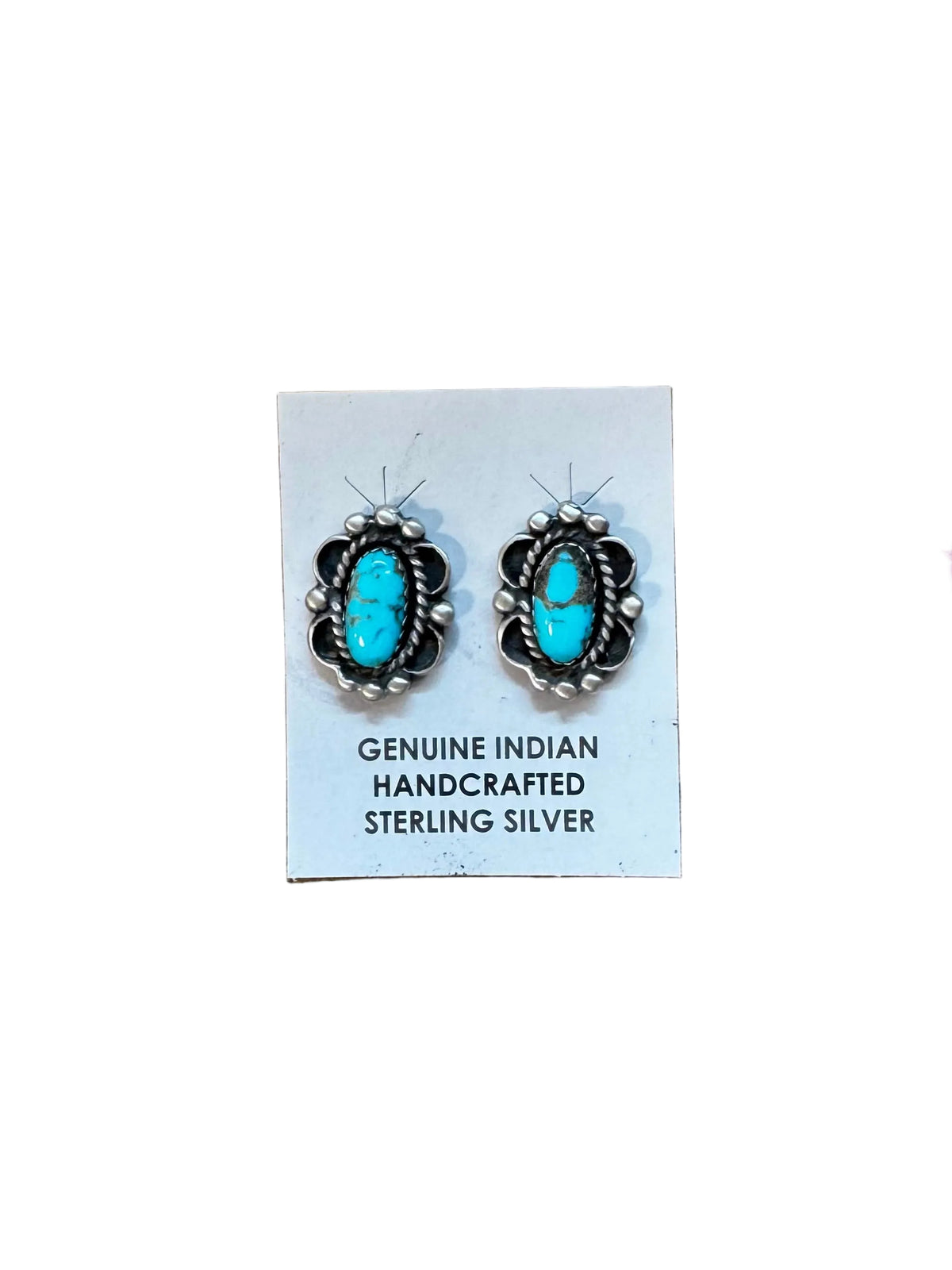 Kingman Turquoise & Silver Pearl Stud Earrings – Sterling Silver – Native Made by L. Silversmith — product photo.