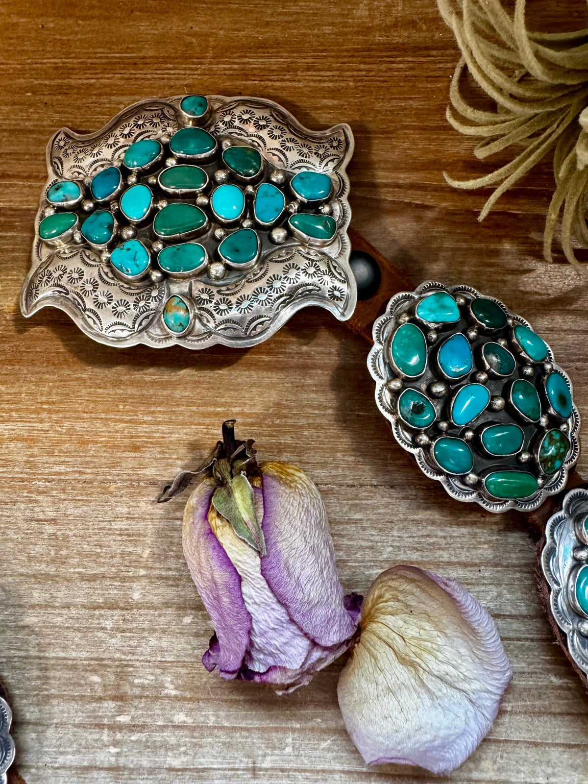 Turquoise Concho Belt – Sterling Silver – Native Made DM – One of a Kind — product photo.