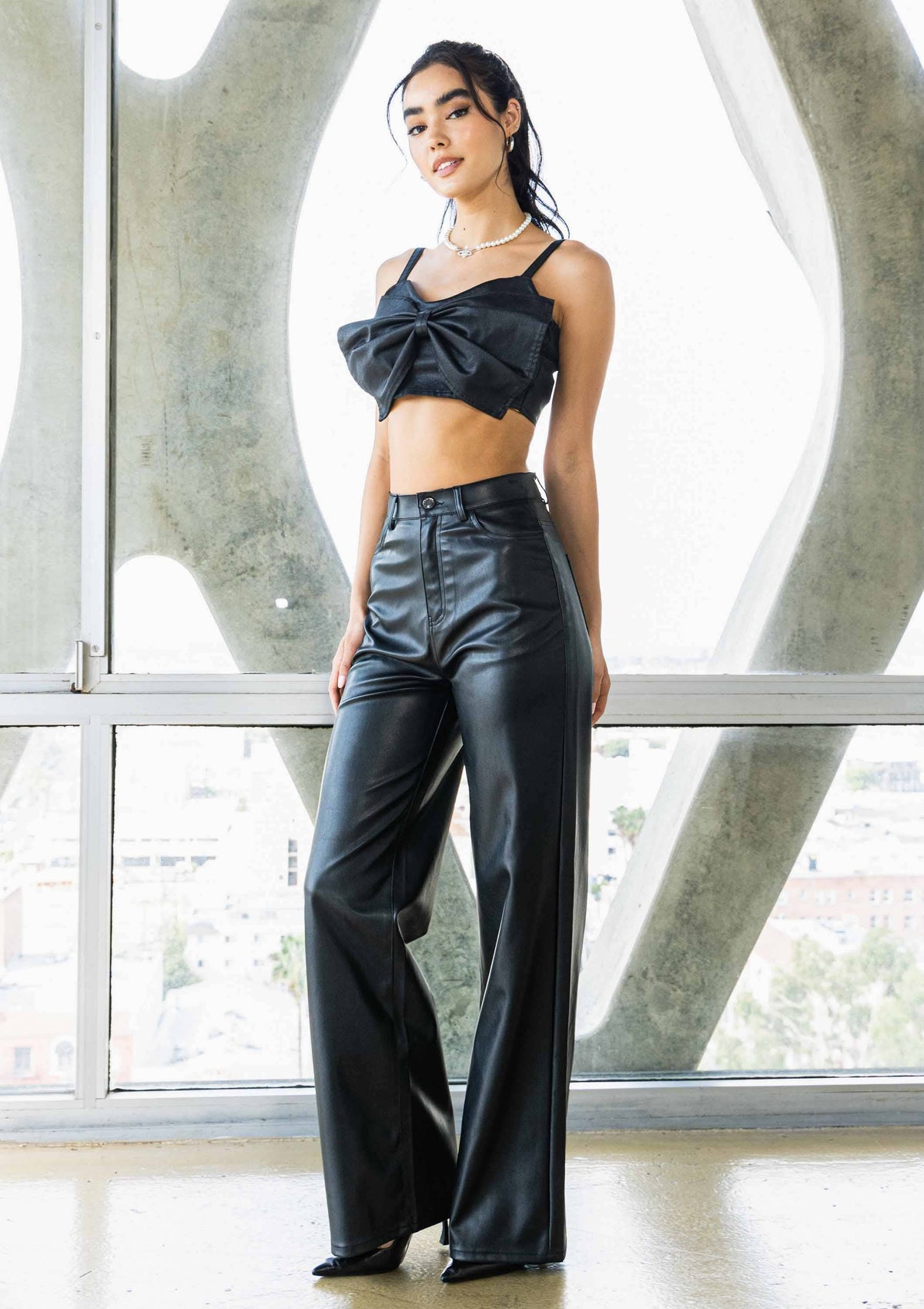 Faux Leather Wide Leg Pants: Black by Vibrant M.i.U