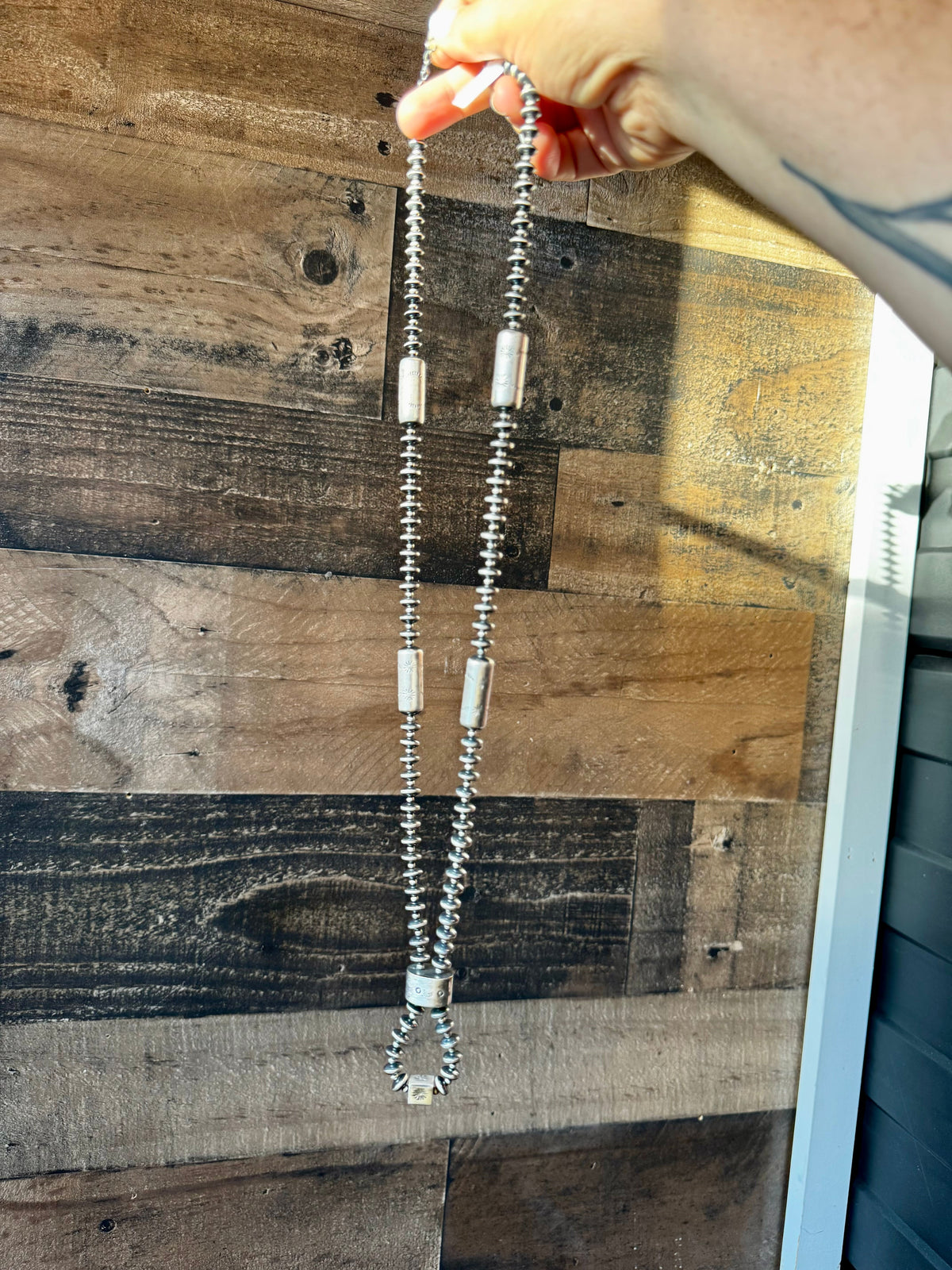 Sterling silver pearls - 28 inch - with barrel beads — product photo.