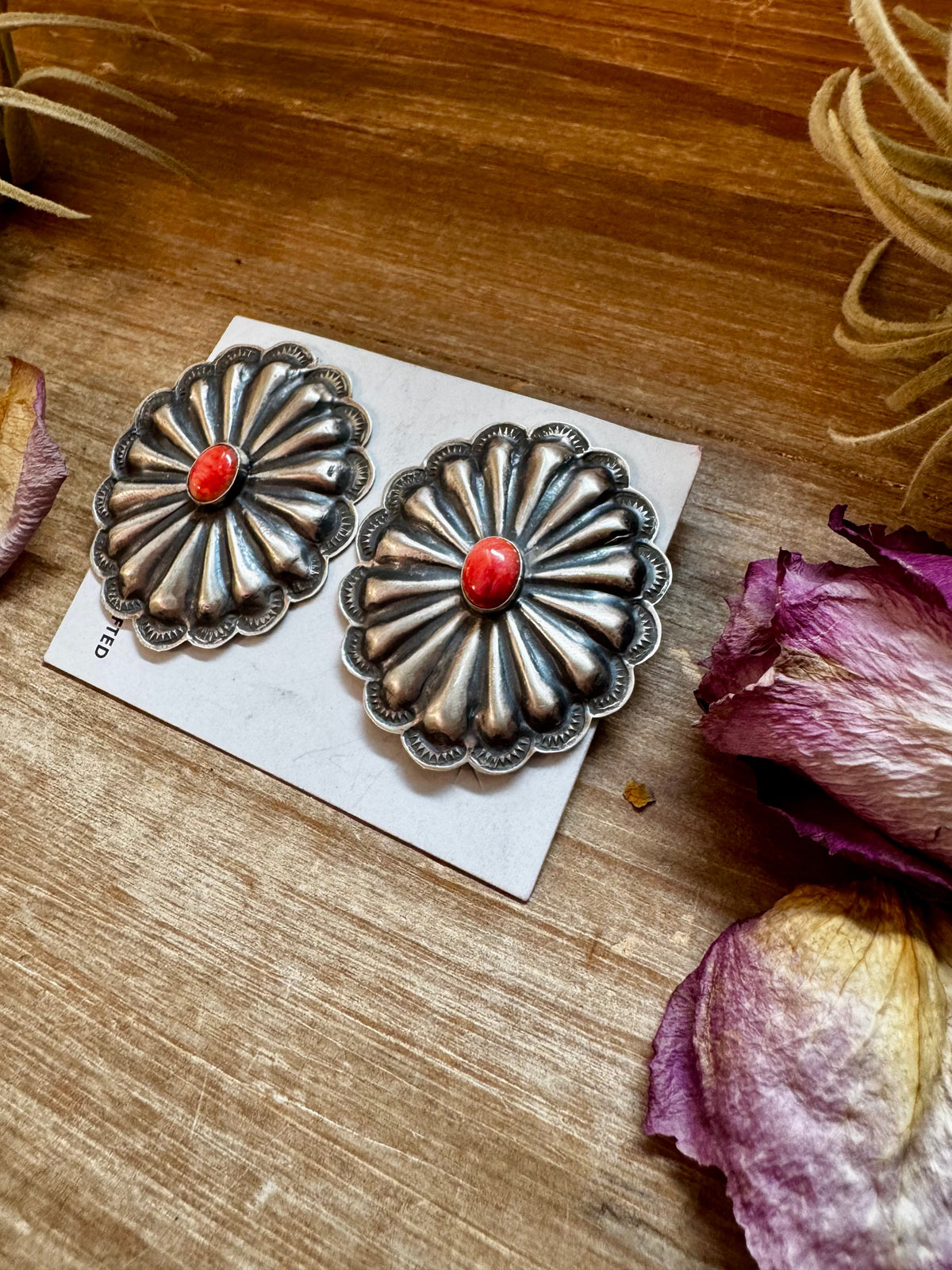 Large Concho Earrings with Red Spiny Oyster – Sterling Silver — product photo.