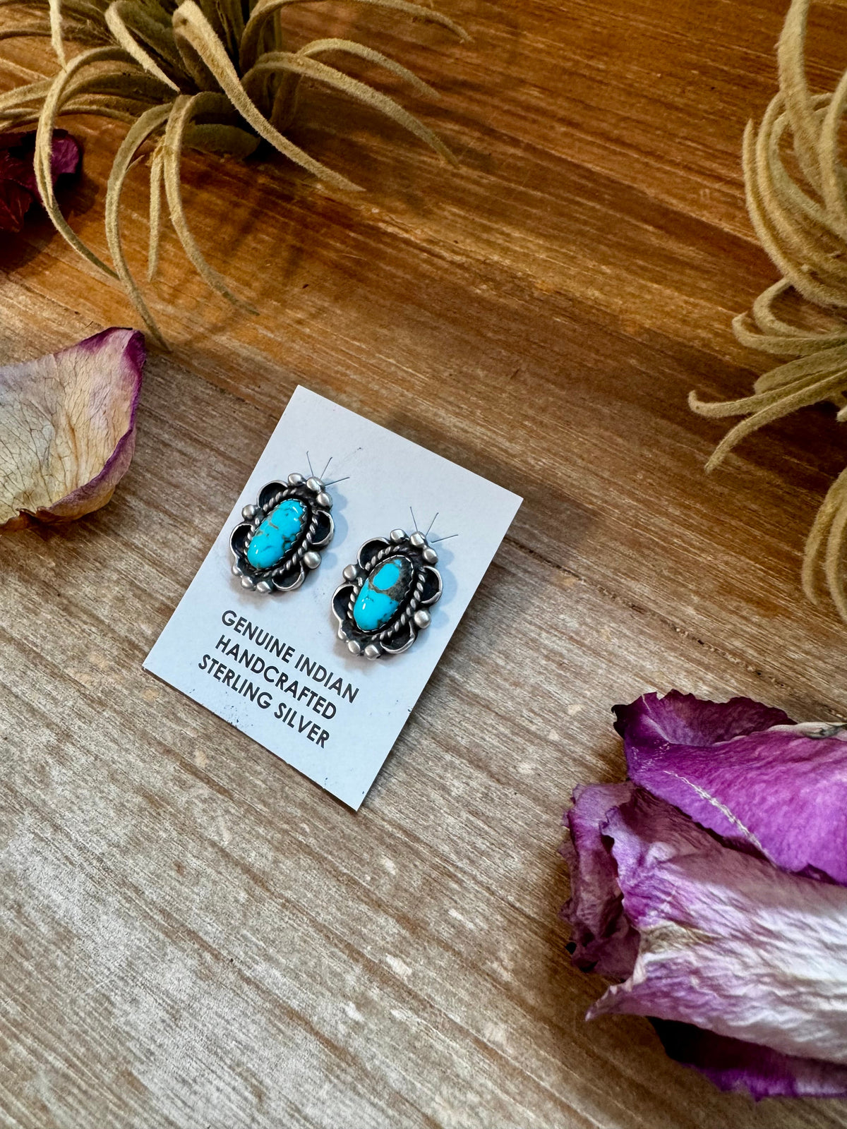 Kingman Turquoise & Silver Pearl Stud Earrings – Sterling Silver – Native Made by L. Silversmith — product photo.