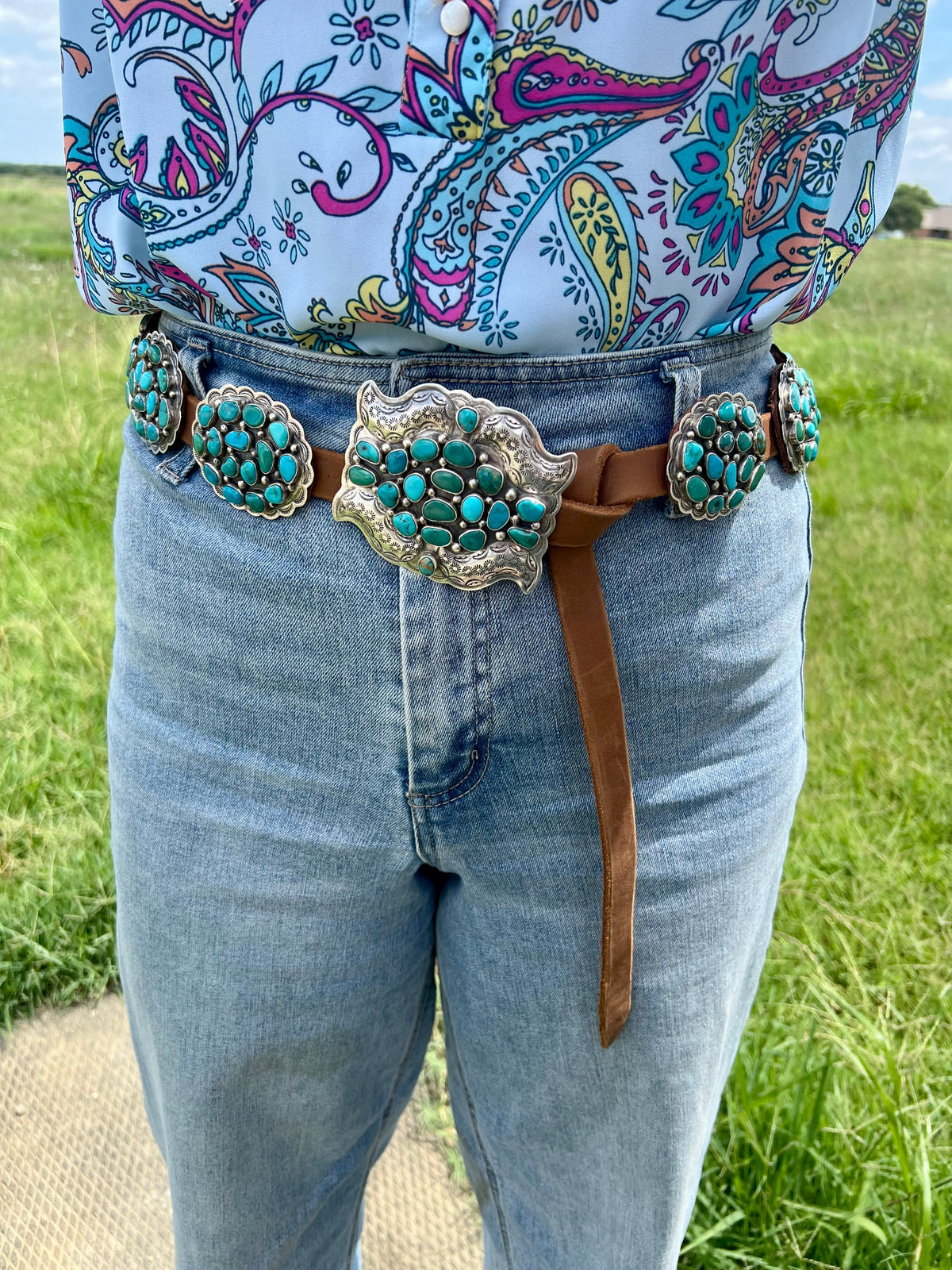 Turquoise Concho Belt – Sterling Silver – Native Made DM – One of a Kind — product photo.