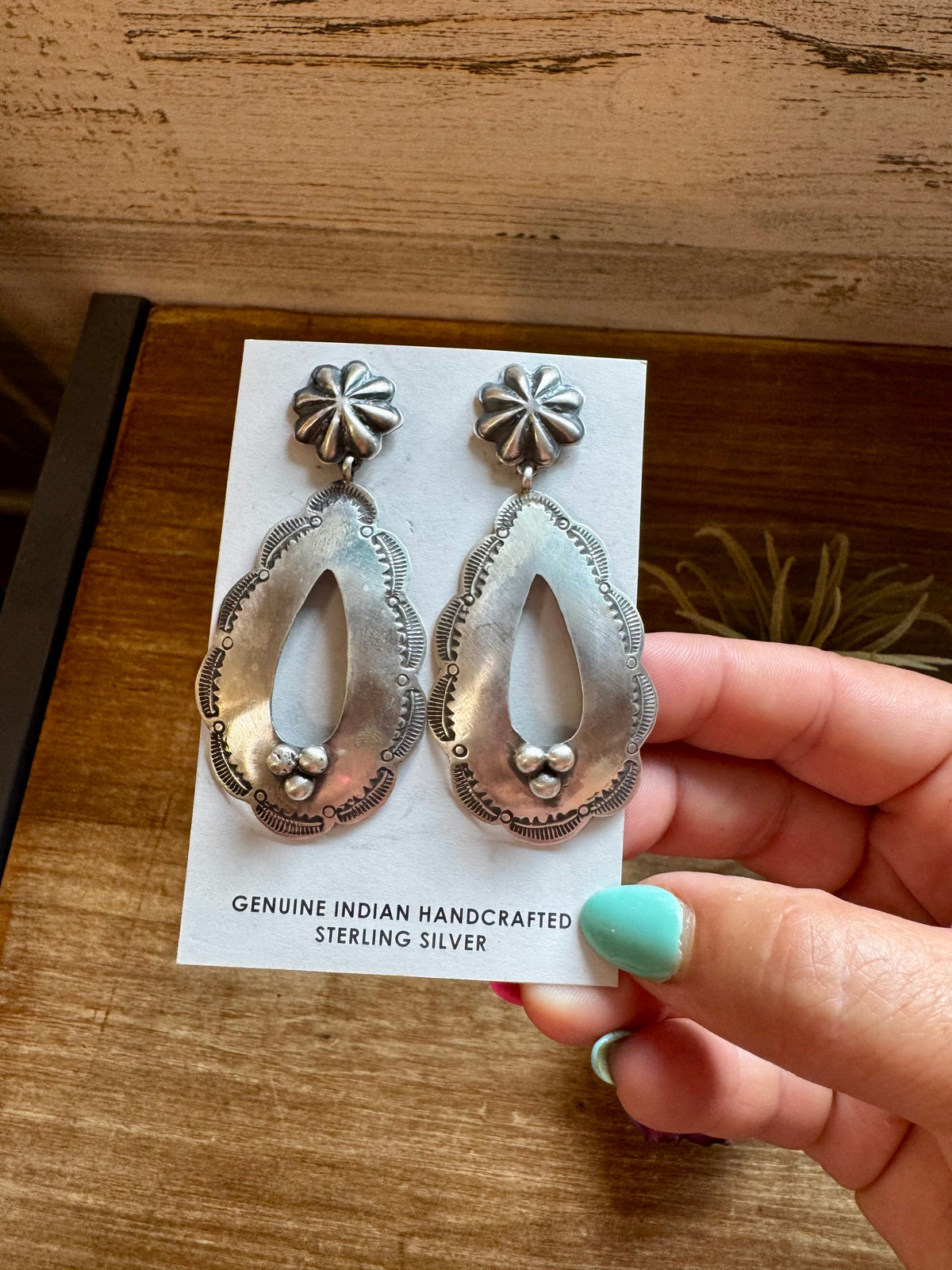 Concho & Teardrop Dangle Earrings – Sterling Silver — product photo.
