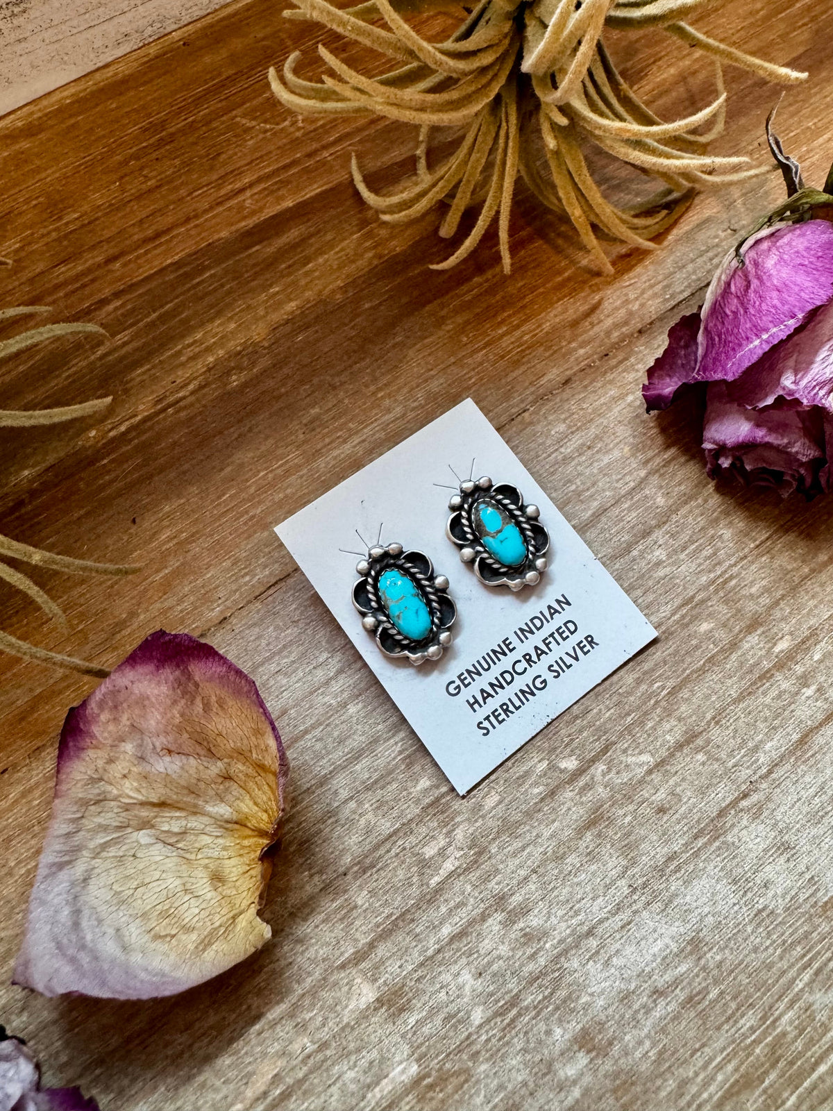 Kingman Turquoise & Silver Pearl Stud Earrings – Sterling Silver – Native Made by L. Silversmith — product photo.