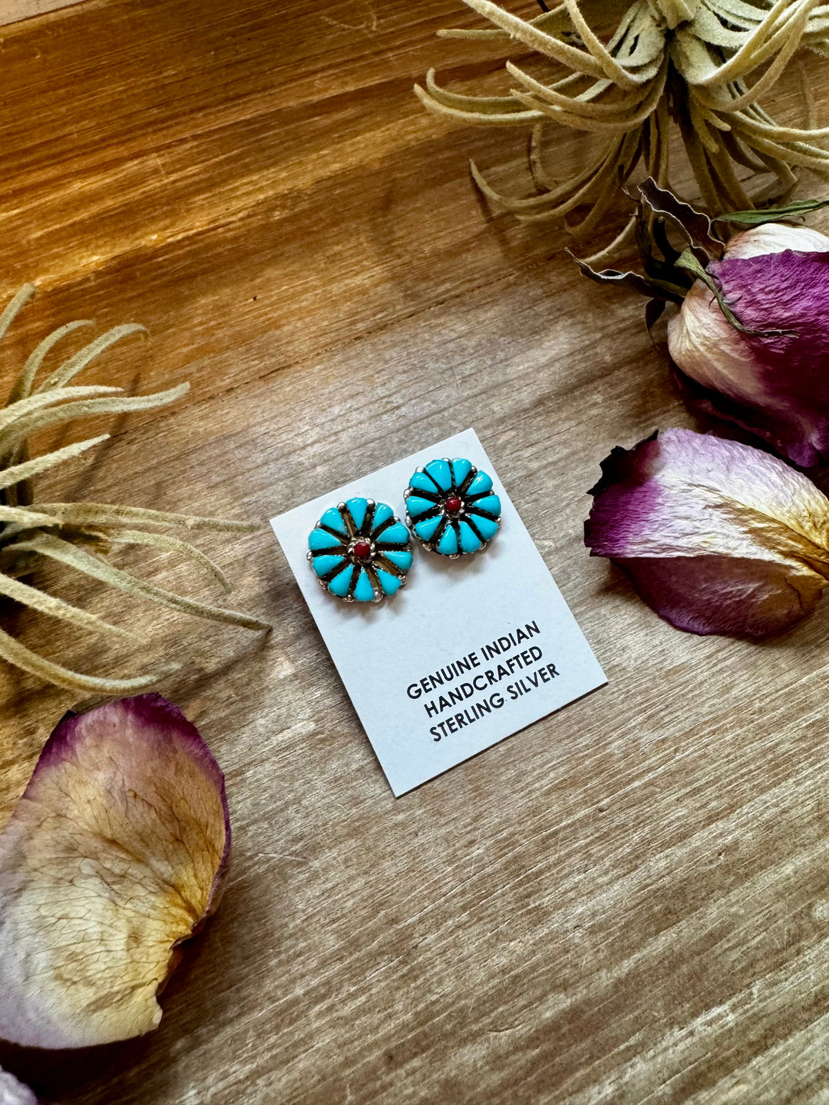 Blue Magnesite Turquoise & Red Cluster Stud Earrings — product photo.