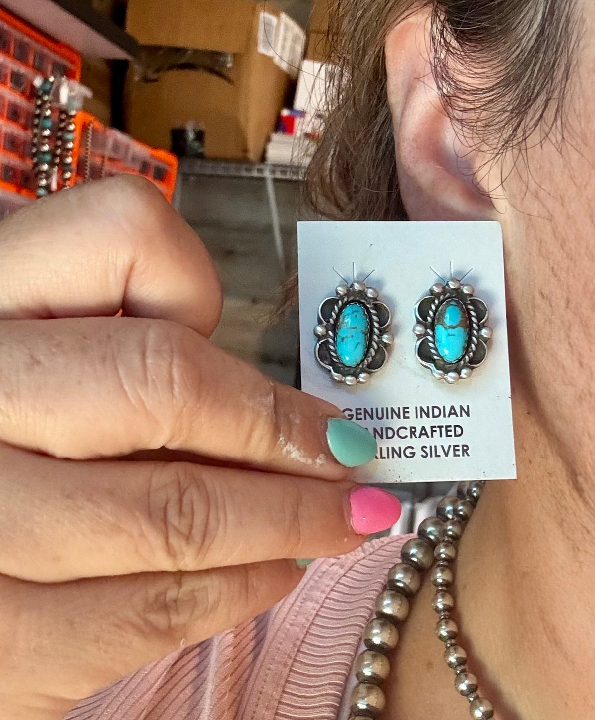 Kingman Turquoise & Silver Pearl Stud Earrings – Sterling Silver – Native Made by L. Silversmith — product photo.