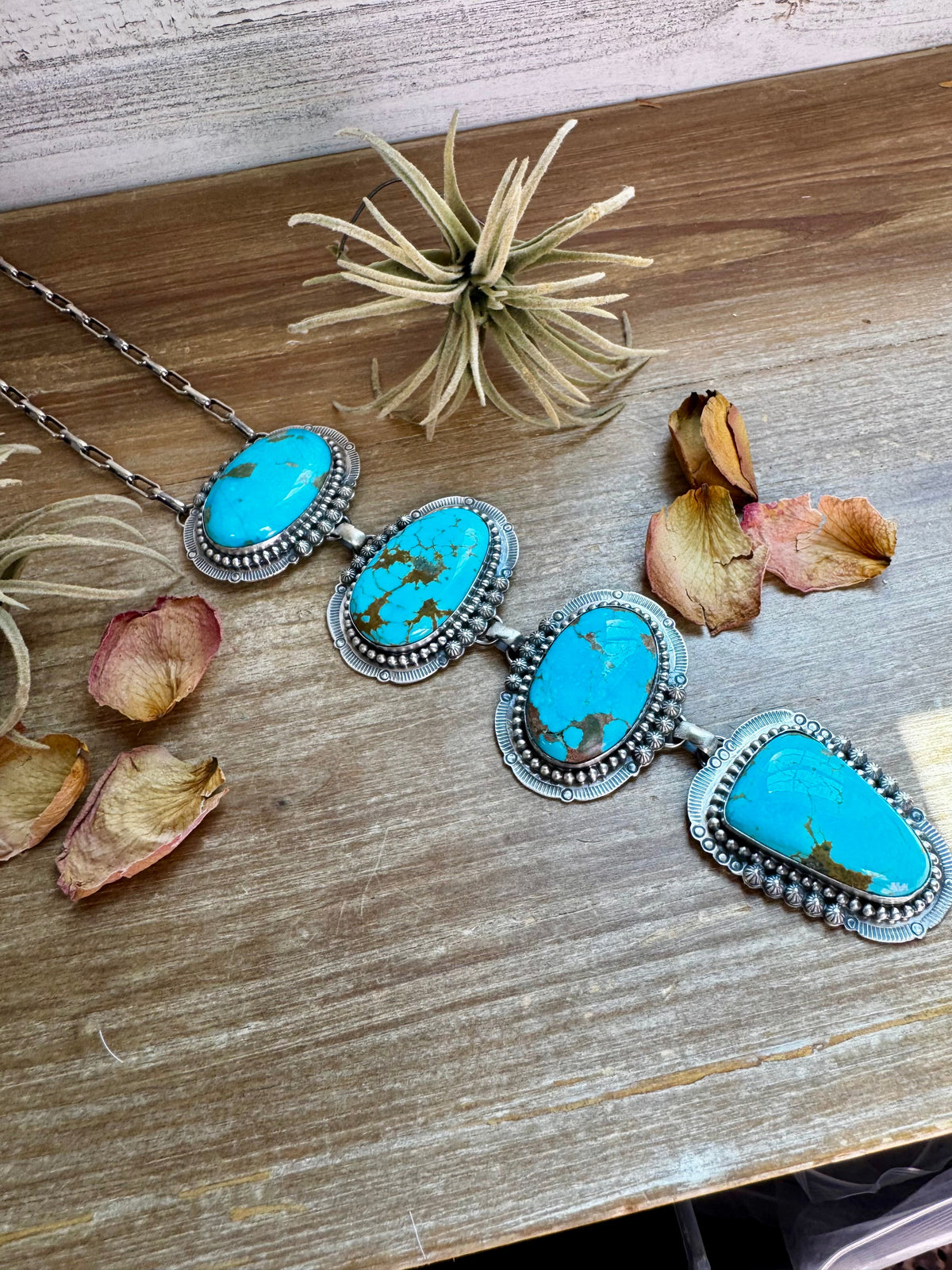 Massive Lariat Necklace – Kingman Turquoise – 19.5 Inch Sterling Silver Paperclip Chain – 8 Inch Drop – Native — product photo.
