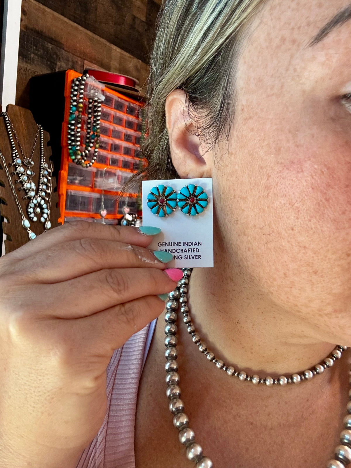 Blue Magnesite Turquoise & Red Cluster Stud Earrings — product photo.