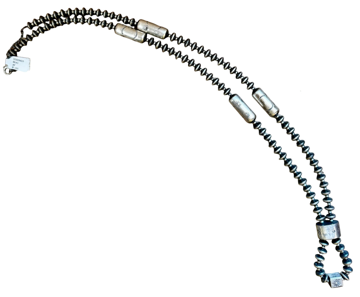 Sterling silver pearls - 28 inch - with barrel beads — product photo.