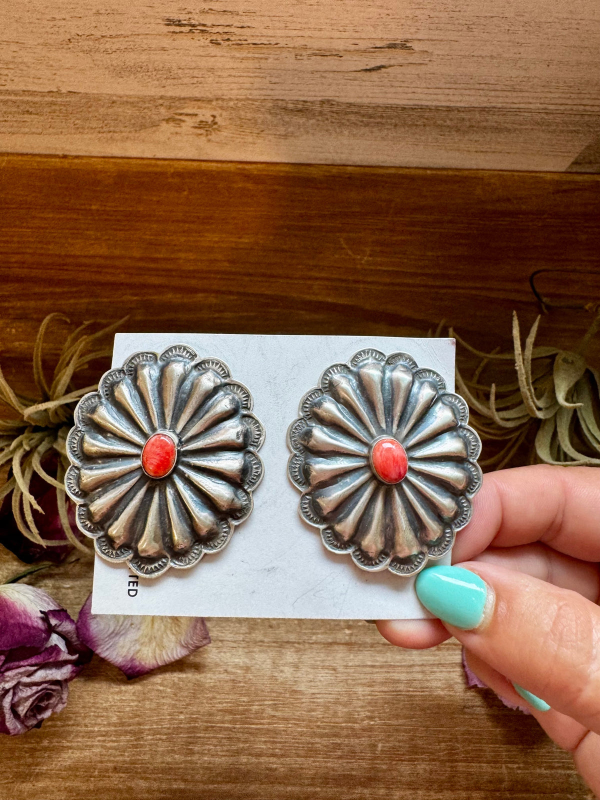 Large Concho Earrings with Red Spiny Oyster – Sterling Silver — product photo.