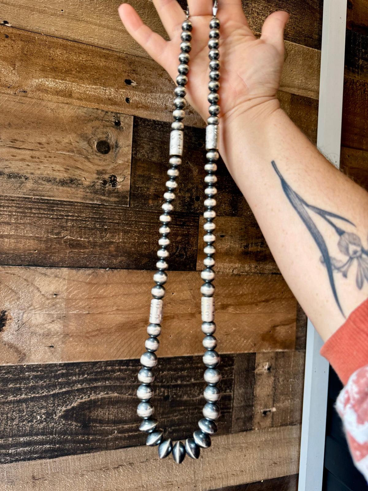Sterling silver pearls - 30 inch with barrel beads — product photo.