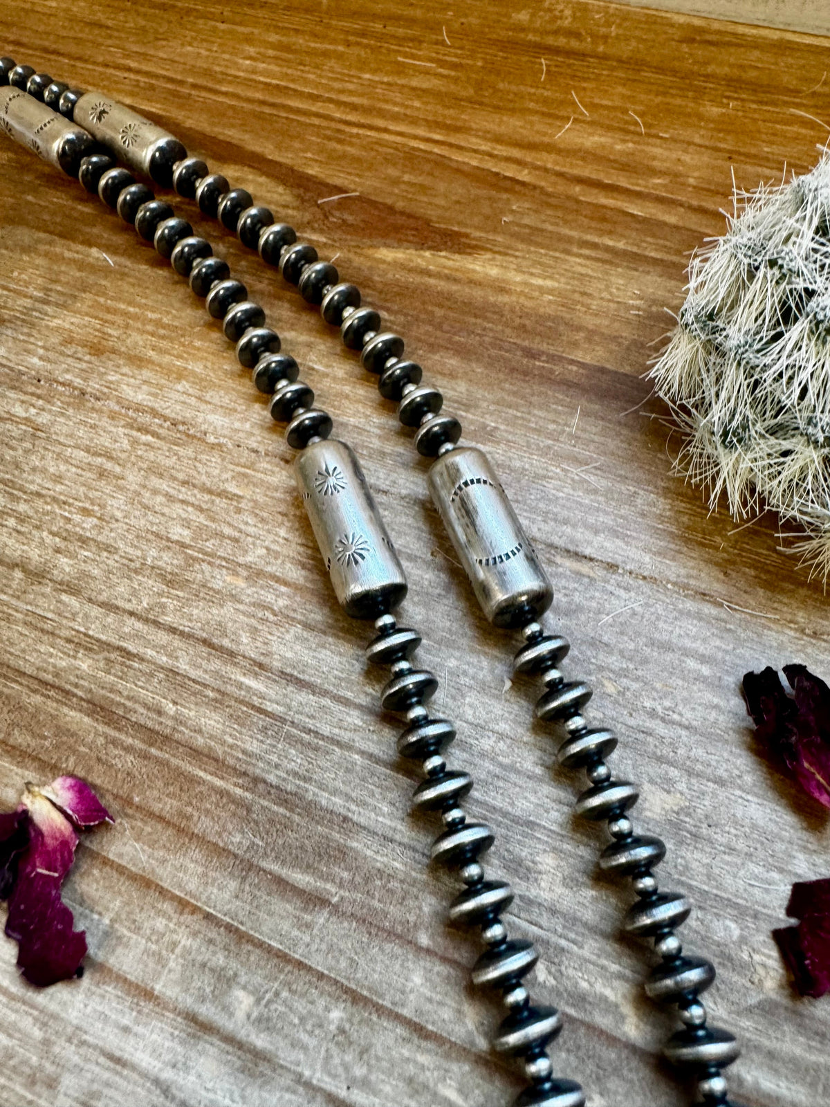 Sterling silver pearls - 28 inch - with barrel beads — product photo.
