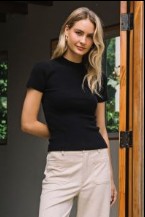 Short Sleeve Soft Knit Sweater Top - Black