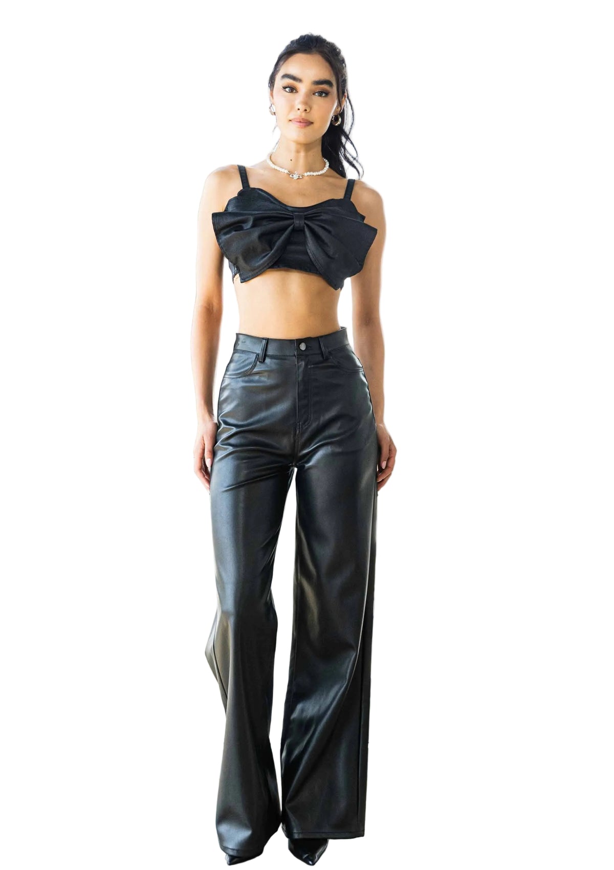 Black faux leather high-wasted wide leg pants for women front view