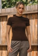 Short Sleeve Soft Knit Sweater Top - Chocolate
