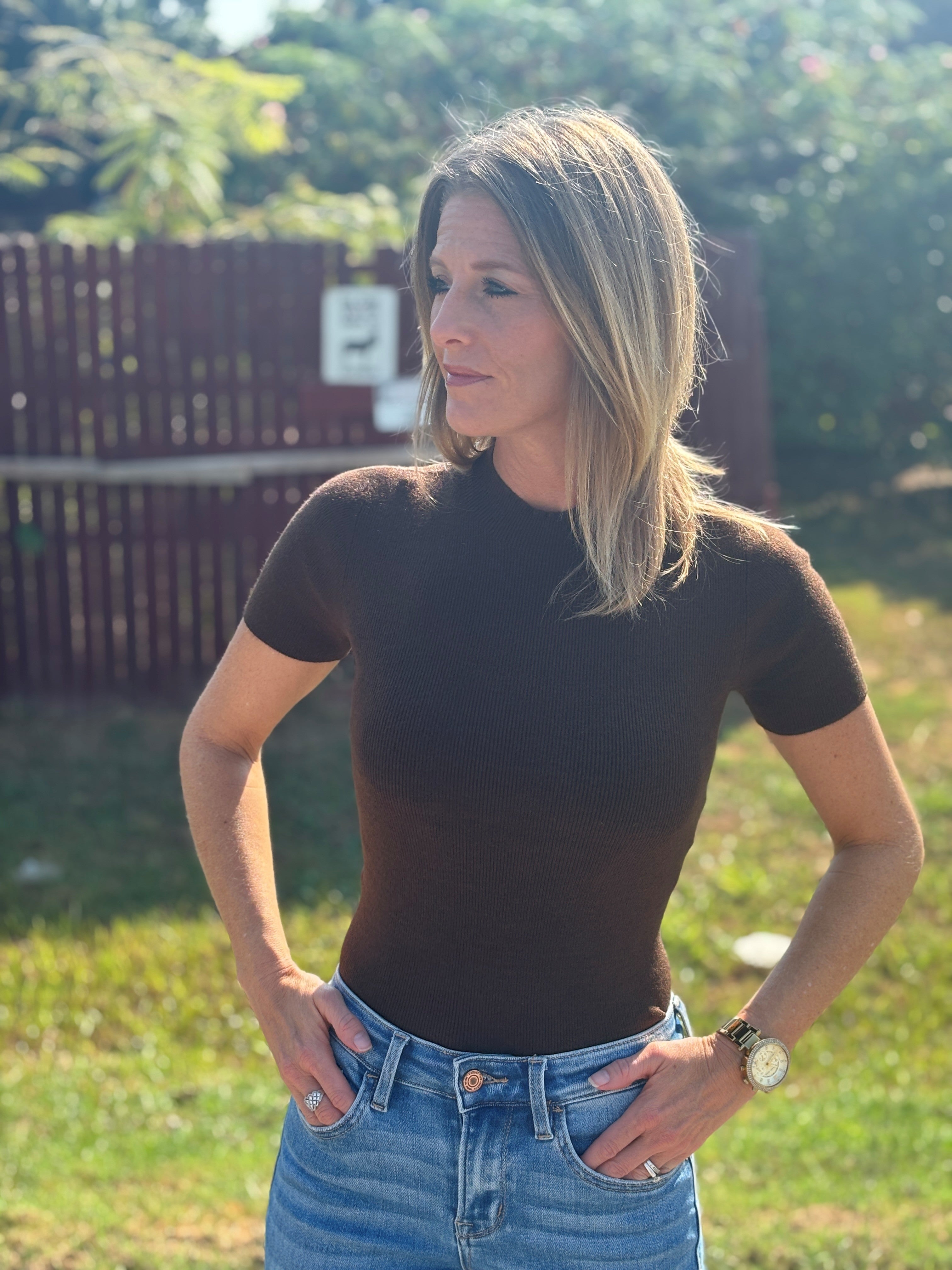 Short Sleeve Soft Knit Sweater Top - Chocolate