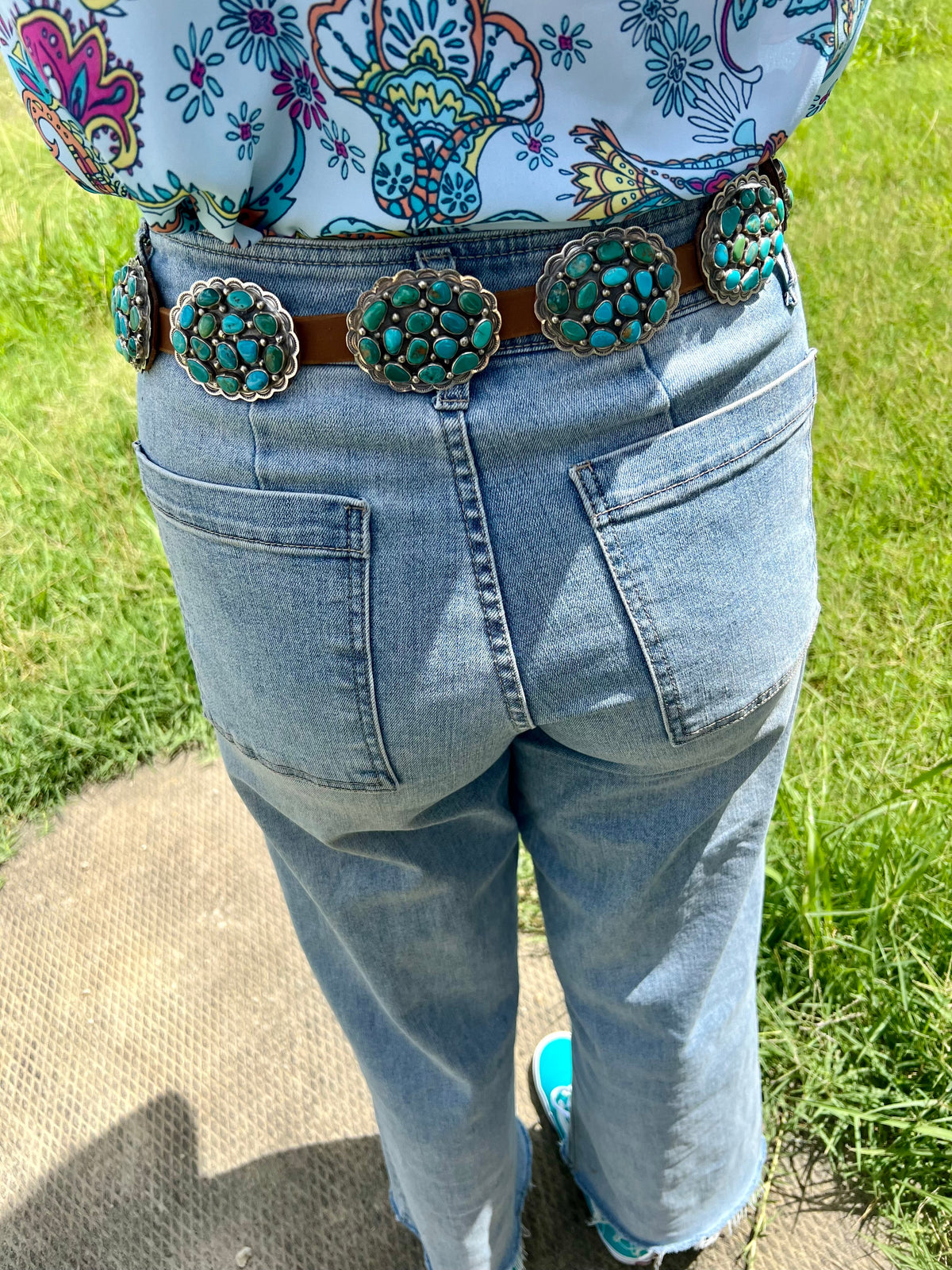 Turquoise Concho Belt – Sterling Silver – Native Made DM – One of a Kind — product photo.