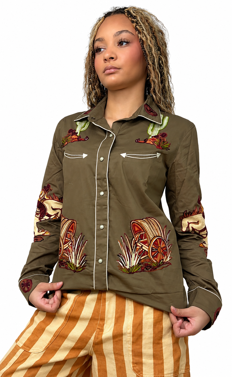 Cotton Western Embroidered Shirt - Brown