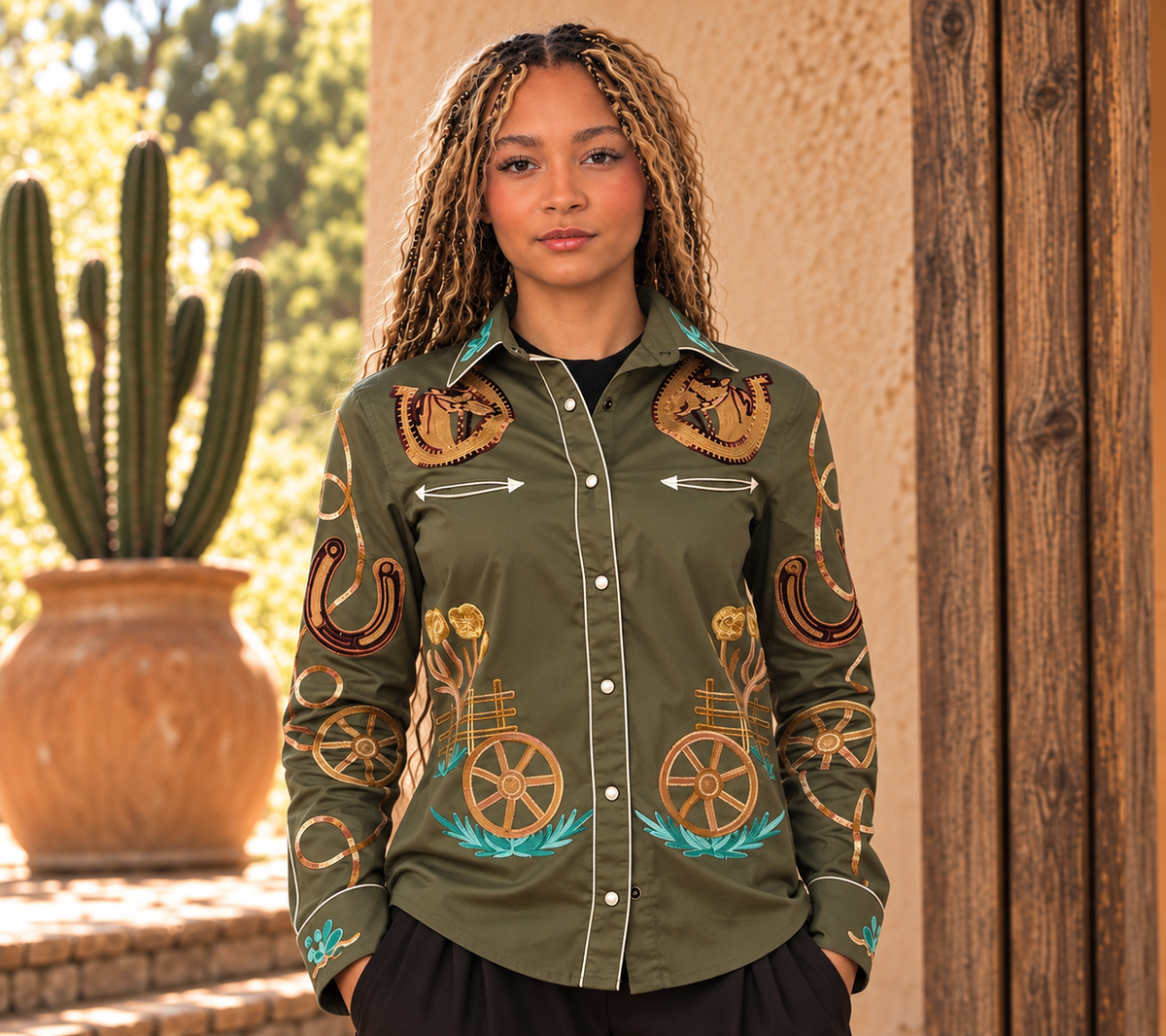 Cotton Western Embroidered Shirt - Olive