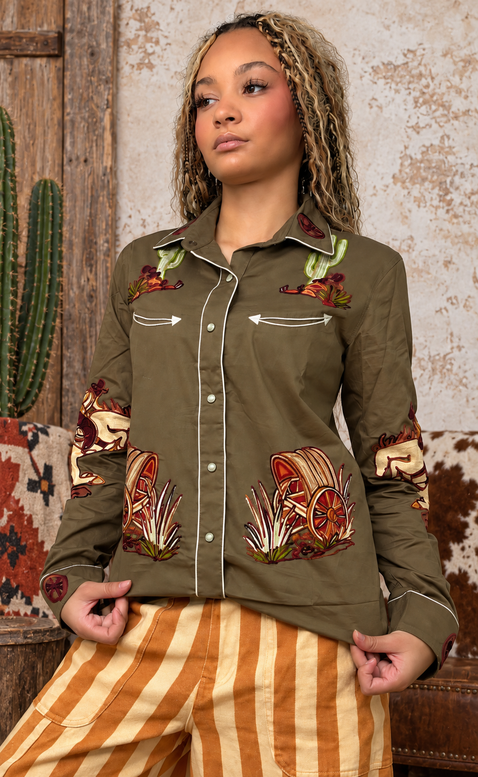 Cotton Western Embroidered Shirt - Brown