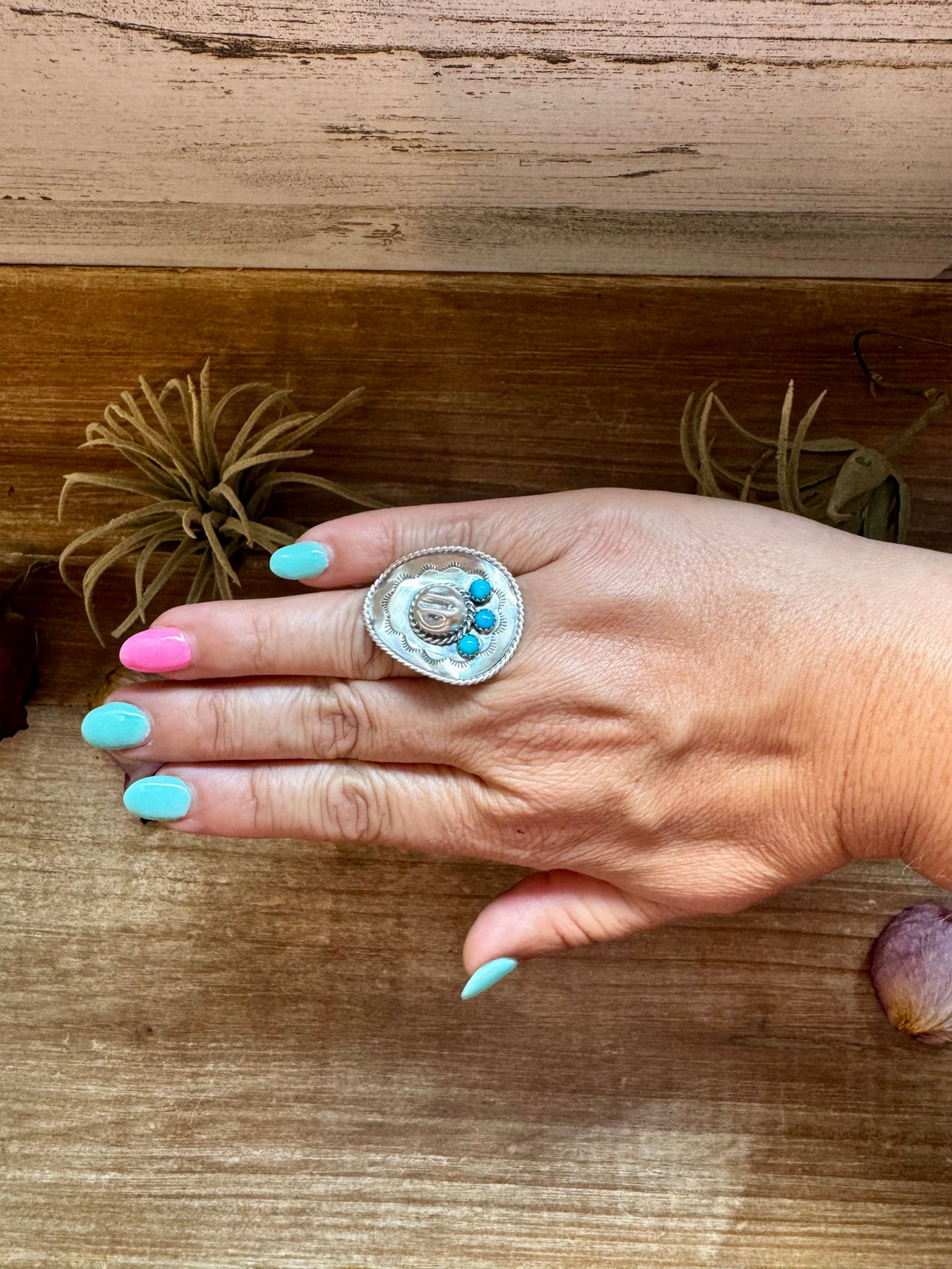 Cowboy Hat Ring with Kingman Turquoise – Triple Stone – Size 7.5 – Sterling Silver — product photo.