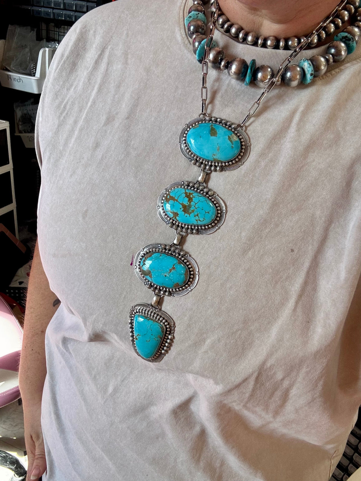 Massive Lariat Necklace – Kingman Turquoise – 19.5 Inch Sterling Silver Paperclip Chain – 8 Inch Drop – Native — product photo.