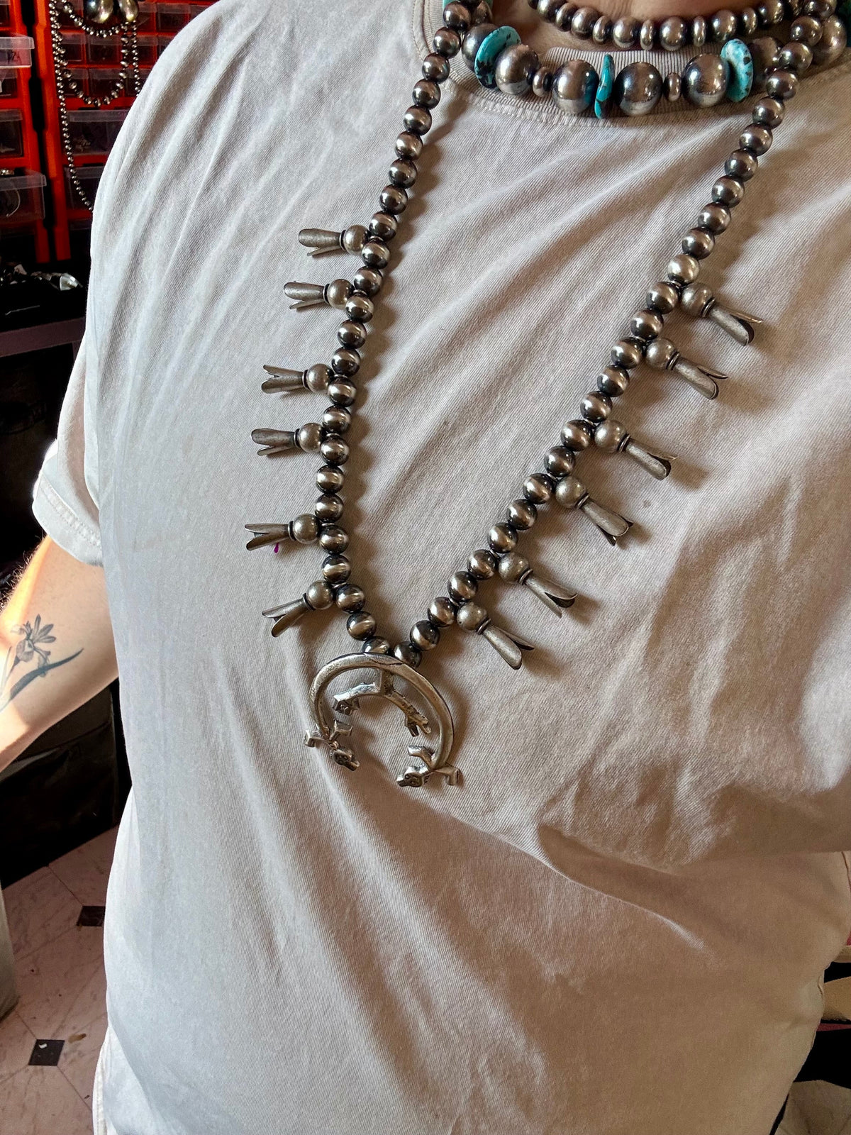 Squash Blossom–Style Necklace – Sterling Silver – 10mm Beads – 30" — product photo.