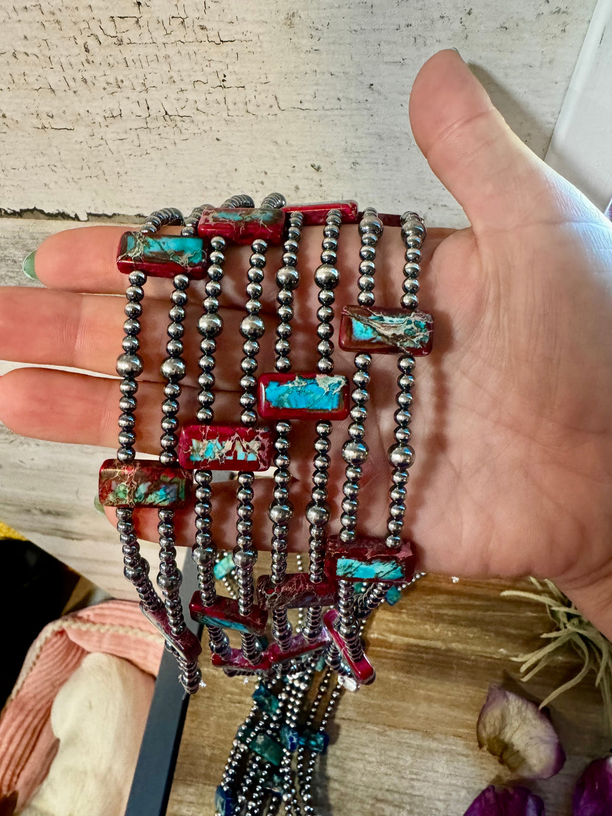Pink/blue Double Strand Necklace – 13” Beaded – Sterling Silver Pearls & Rectangle Variscite Turquoise — product photo.