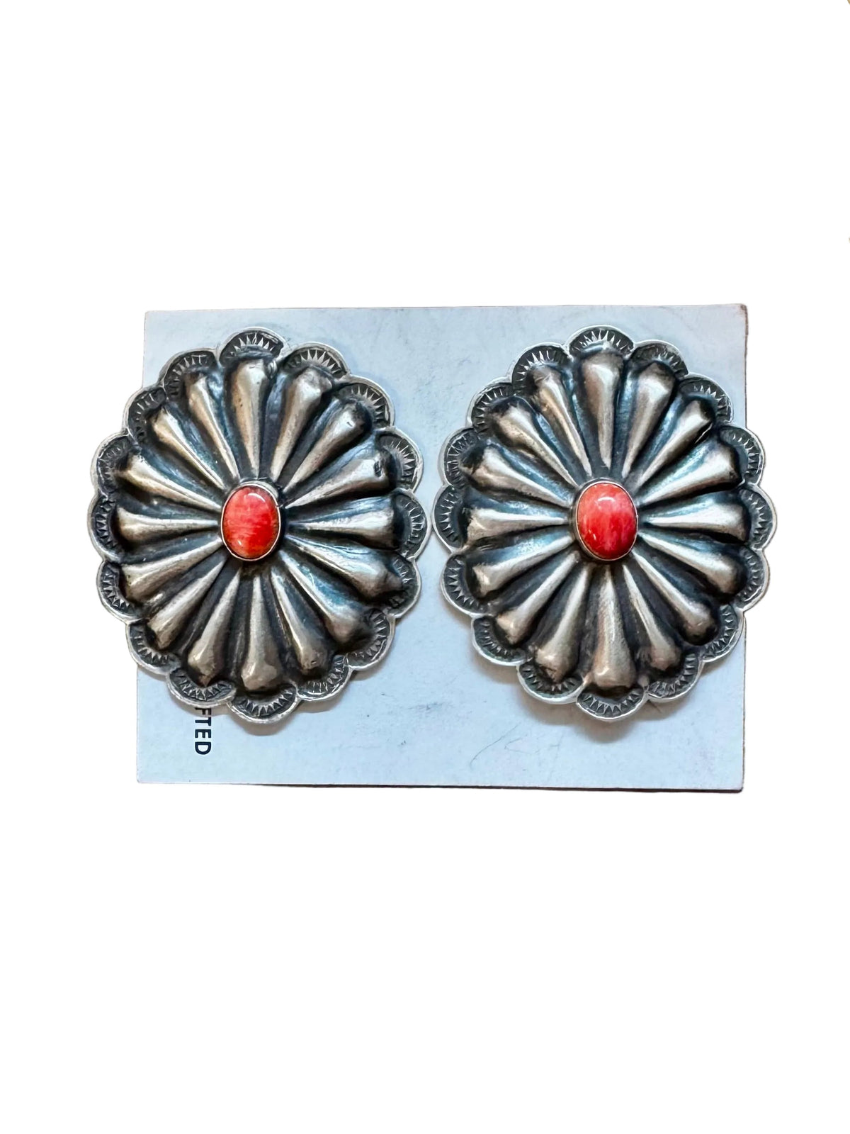 Large Concho Earrings with Red Spiny Oyster – Sterling Silver — product photo.
