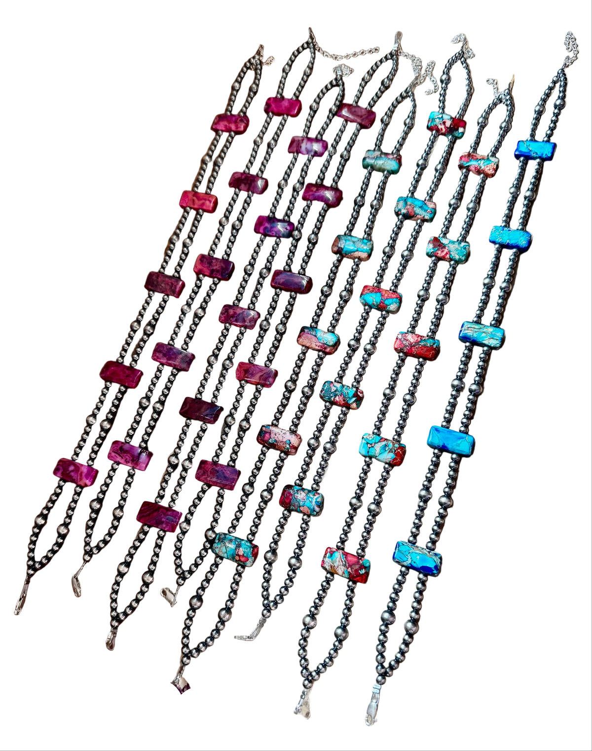 Pink/blue Double Strand Necklace – 13” Beaded – Sterling Silver Pearls & Rectangle Variscite Turquoise — product photo.