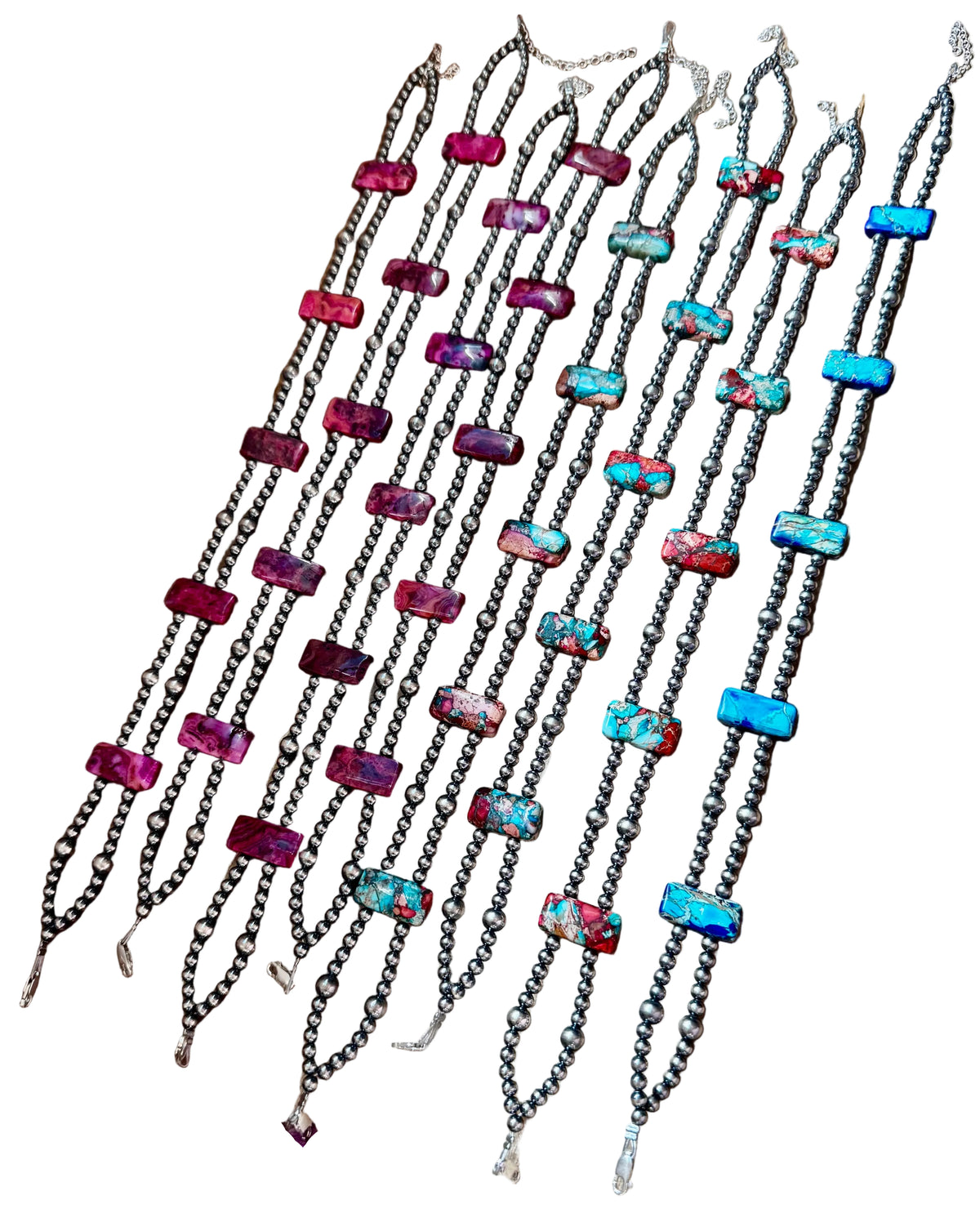 Pink/Navy Double Strand Necklace – 13” Beaded – Sterling Silver Pearls & Rectangle Variscite Turquoise — product photo.