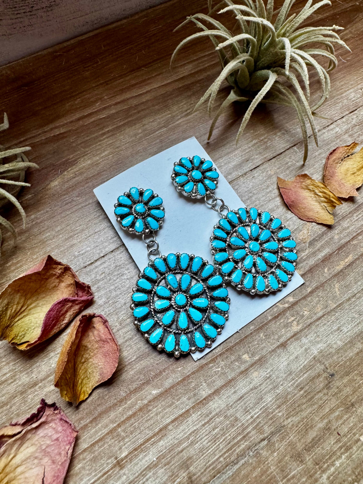 Big Cluster Dangle Earrings – Sleeping Beauty Turquoise & Sterling Silver — product photo.