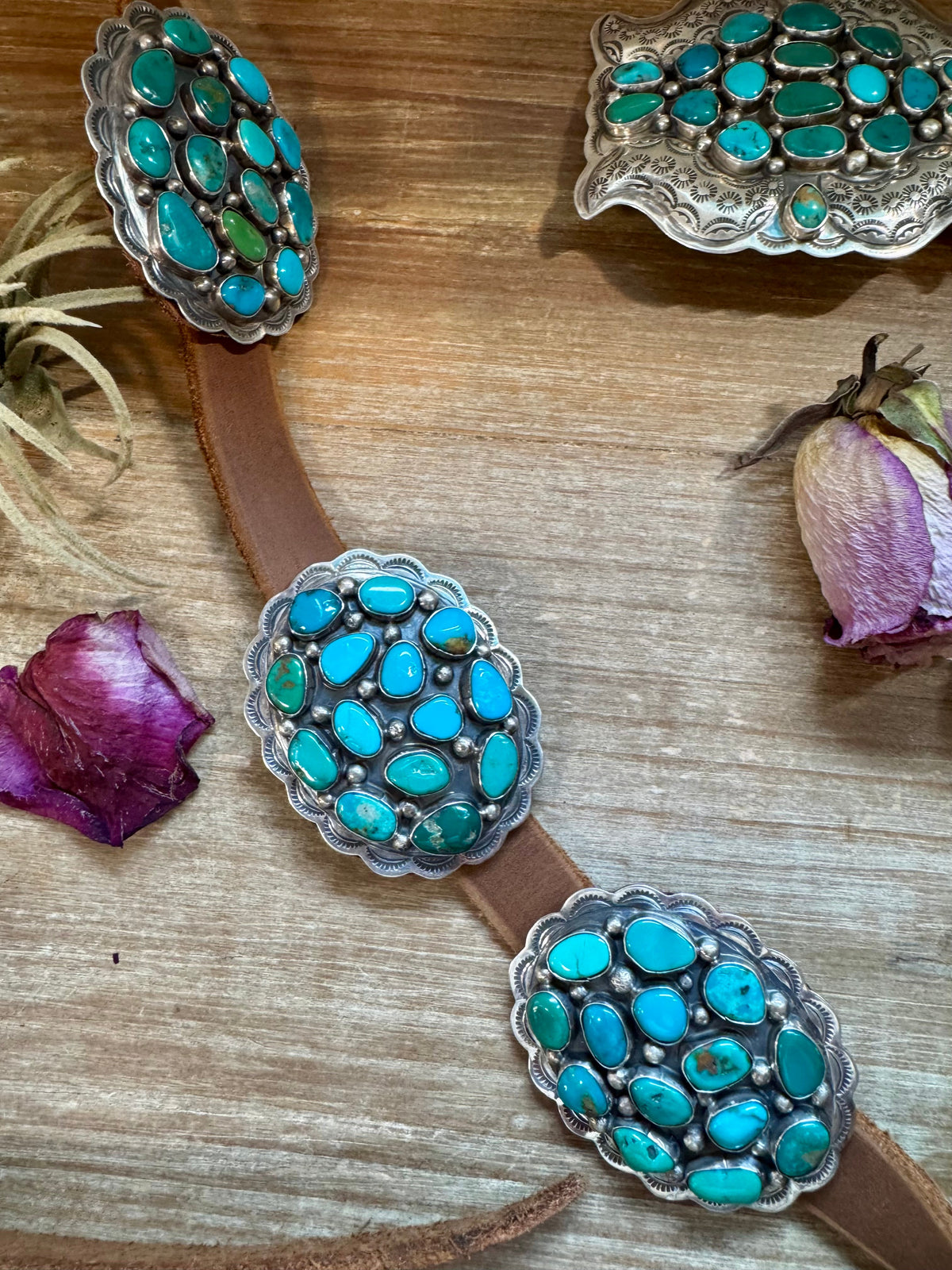 Turquoise Concho Belt – Sterling Silver – Native Made DM – One of a Kind — product photo.
