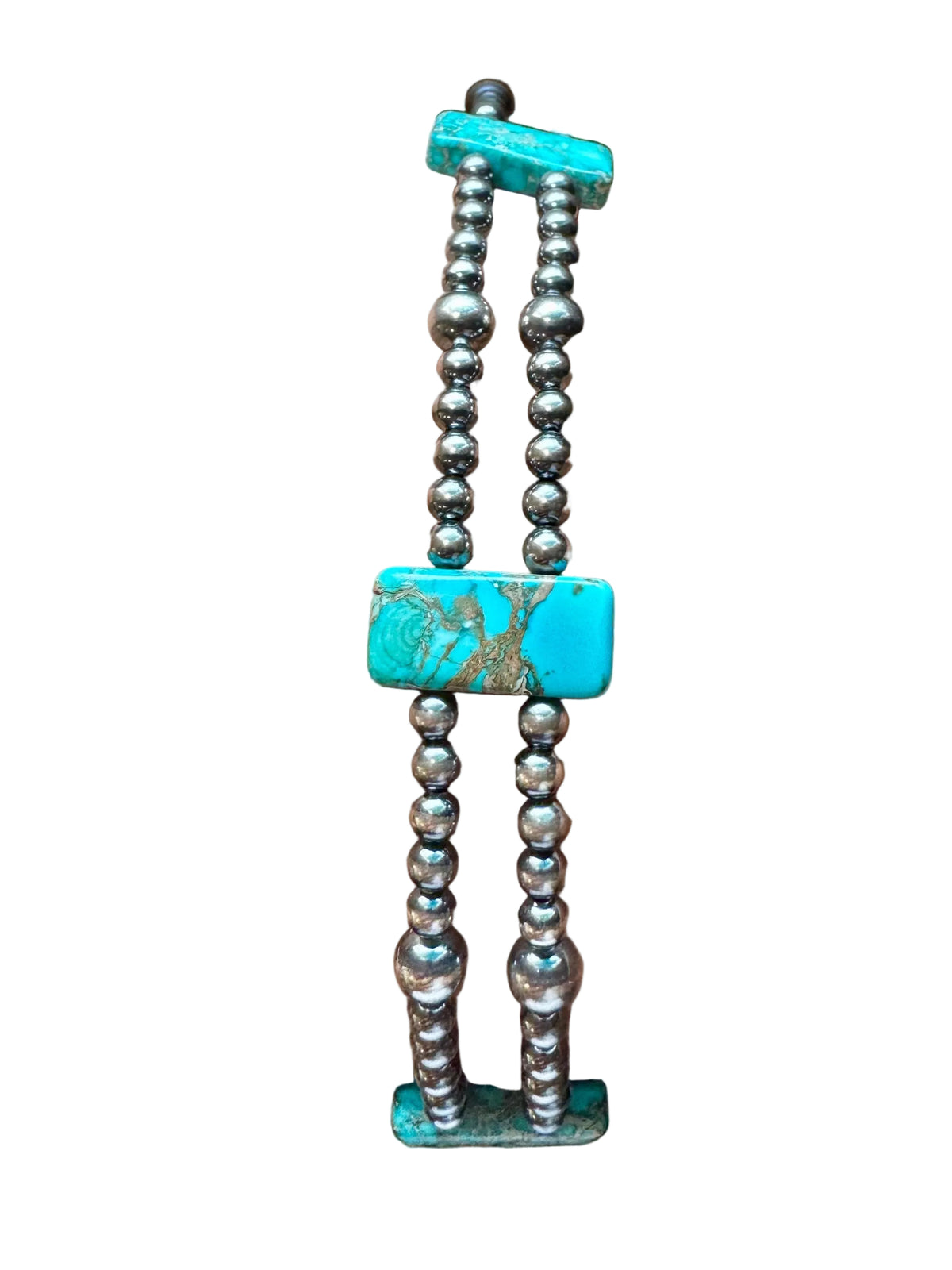 Double Strand Necklace – 13” Beaded – Sterling Silver Pearls & Rectangle Variscite Turquoise — product photo.