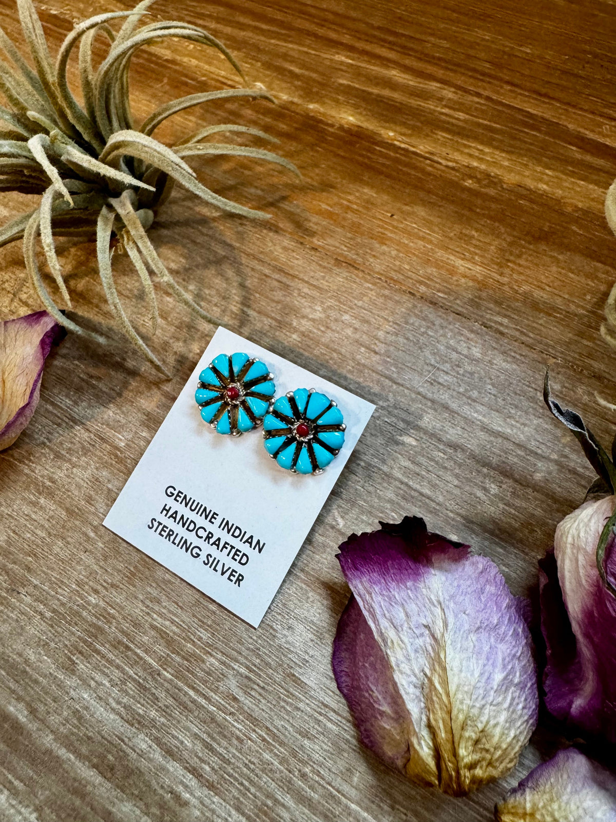 Blue Magnesite Turquoise & Red Cluster Stud Earrings — product photo.