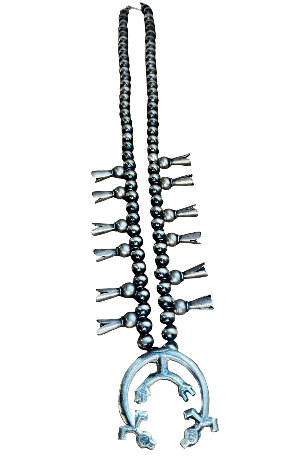 Squash Blossom–Style Necklace – Sterling Silver – 10mm Beads – 30" — product photo.