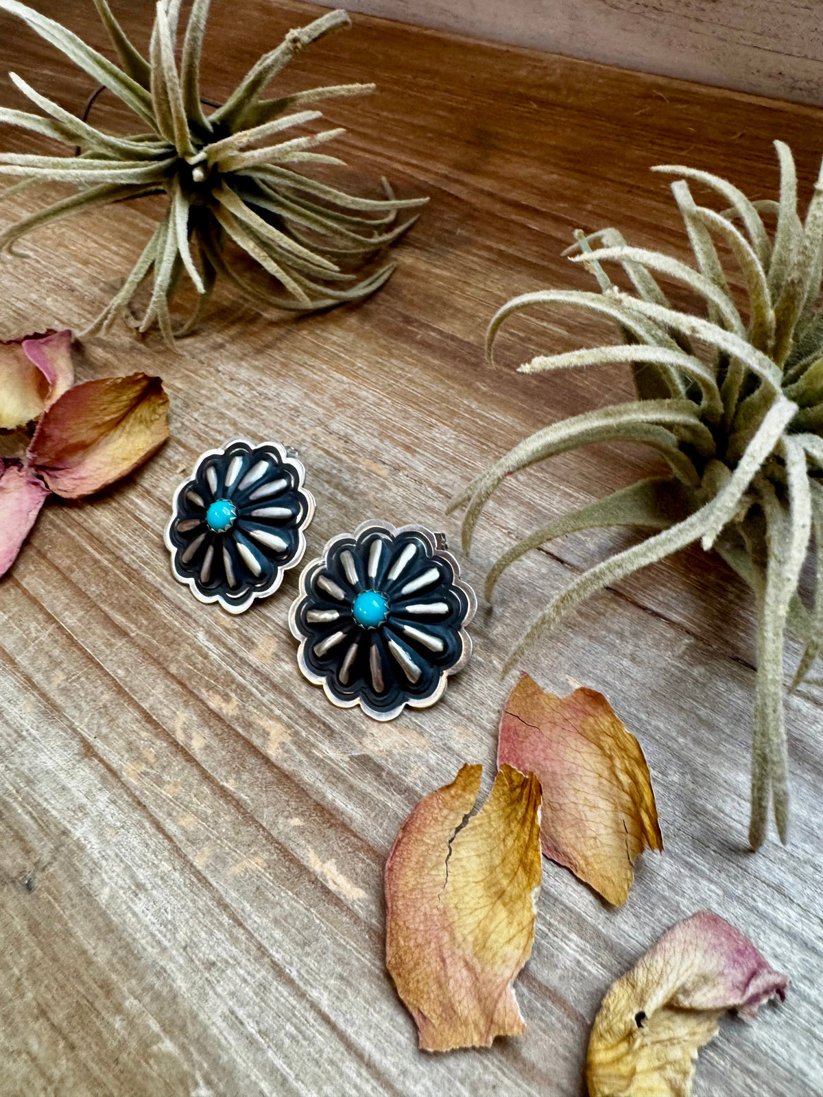 Large Concho Stud Earrings – Turquoise & Sterling Silver — product photo.