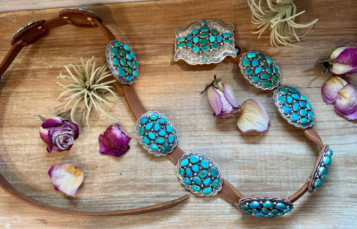 Turquoise Concho Belt – Sterling Silver – Native Made DM – One of a Kind — product photo.