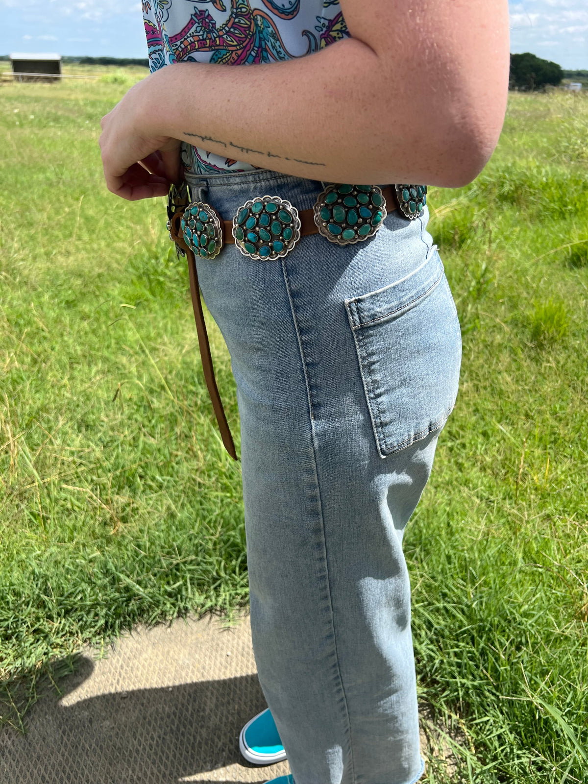 Turquoise Concho Belt – Sterling Silver – Native Made DM – One of a Kind — product photo.