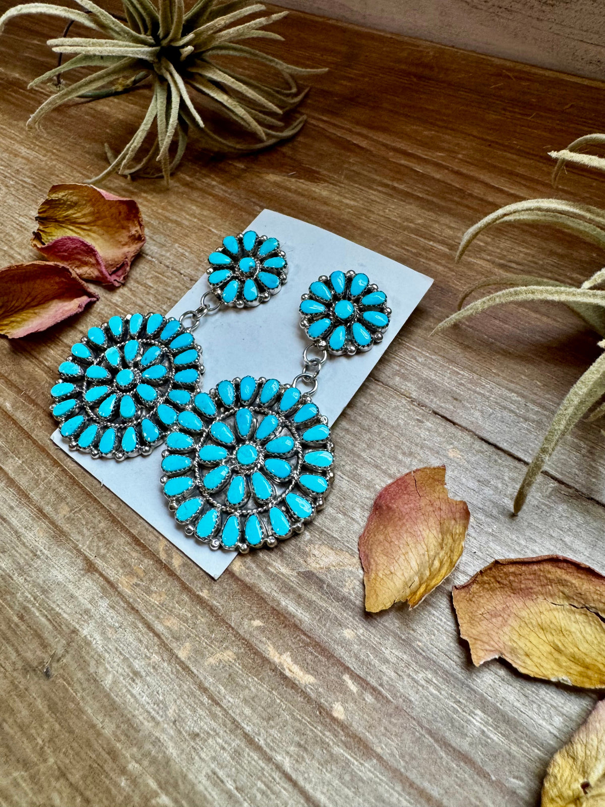 Big Cluster Dangle Earrings – Sleeping Beauty Turquoise & Sterling Silver — product photo.